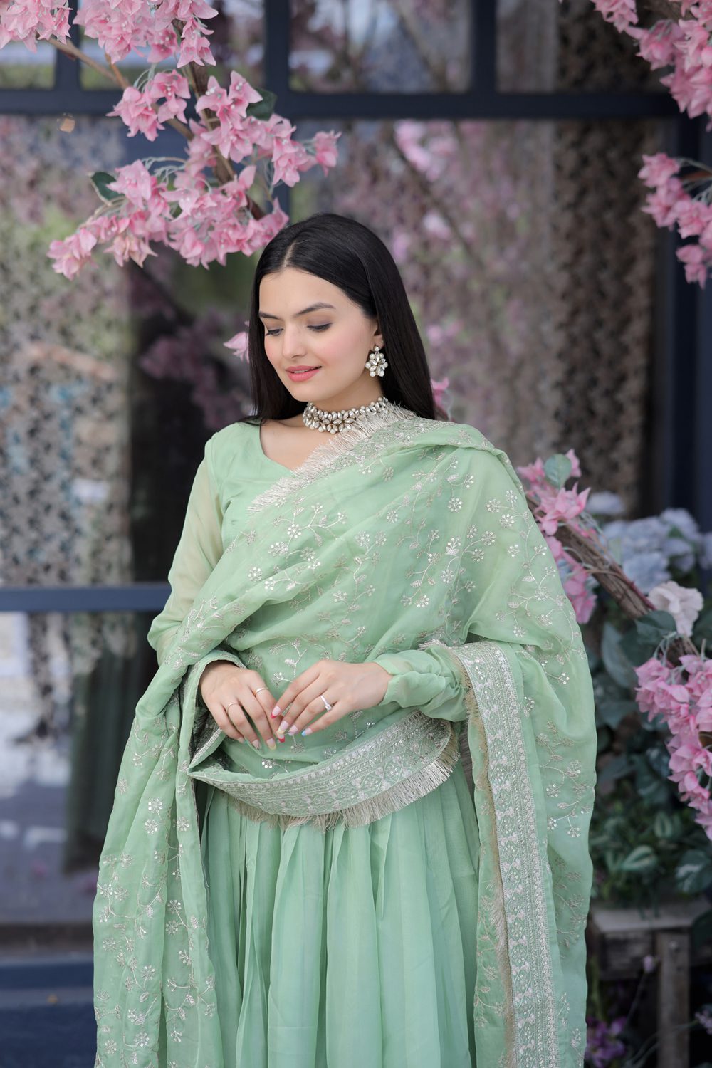 Swarna teal tebby silk anarkali suit set