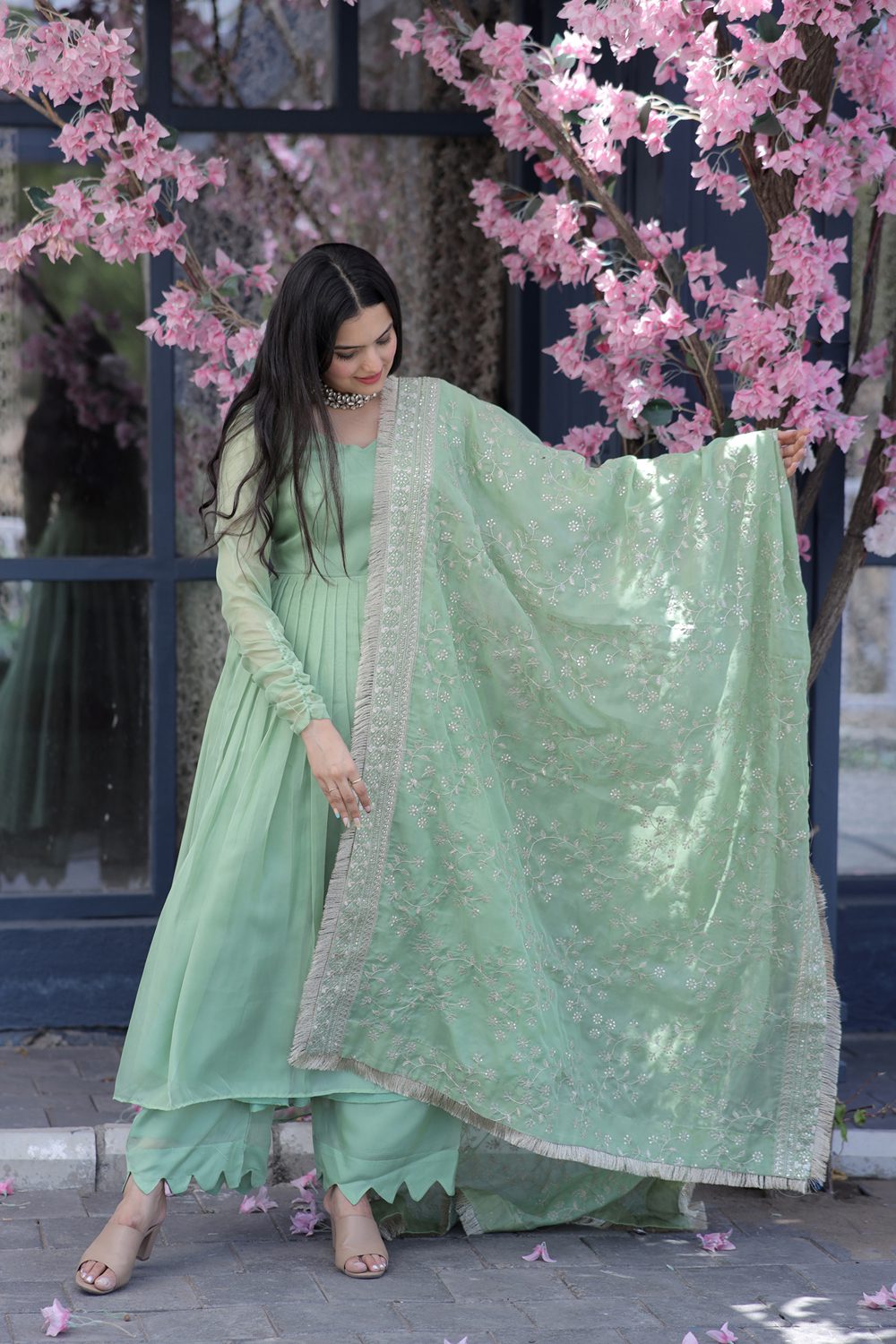 Swarna teal tebby silk anarkali suit set