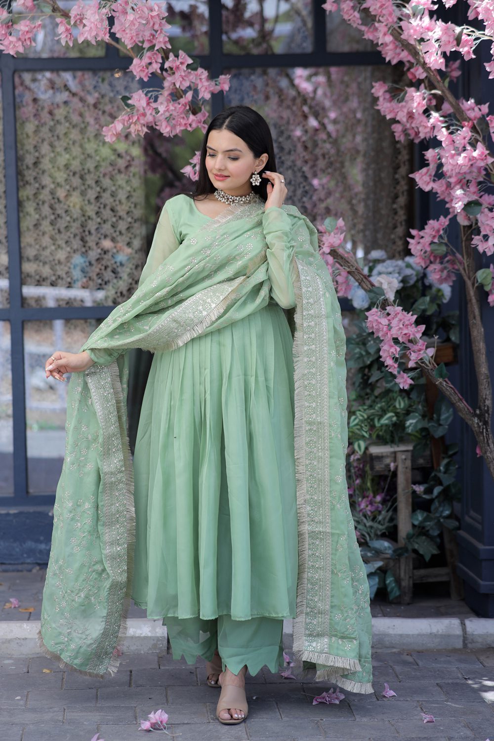 Swarna teal tebby silk anarkali suit set