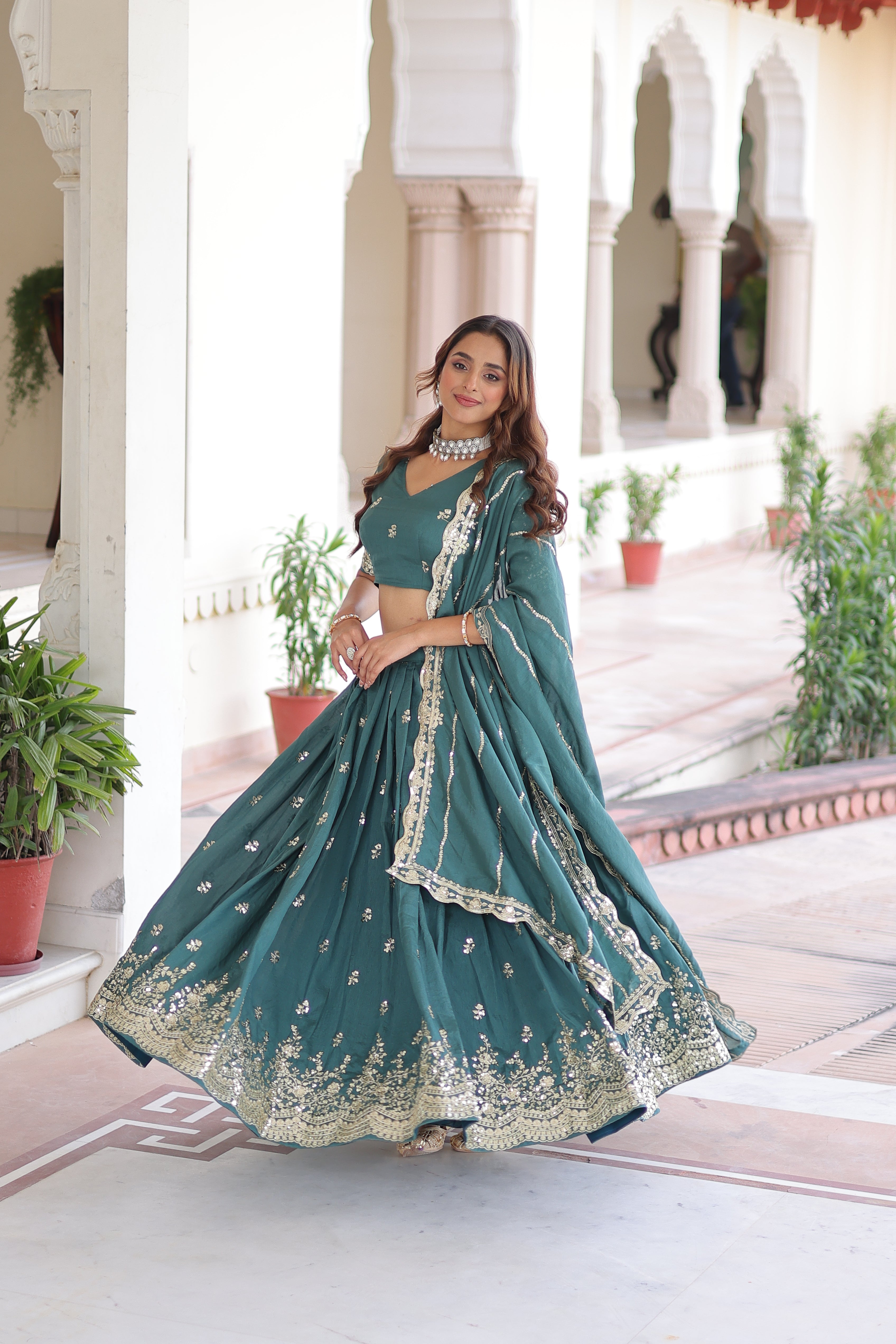 Asha teal green Vichitra silk sequins embroidered lehenga choli with dupatta