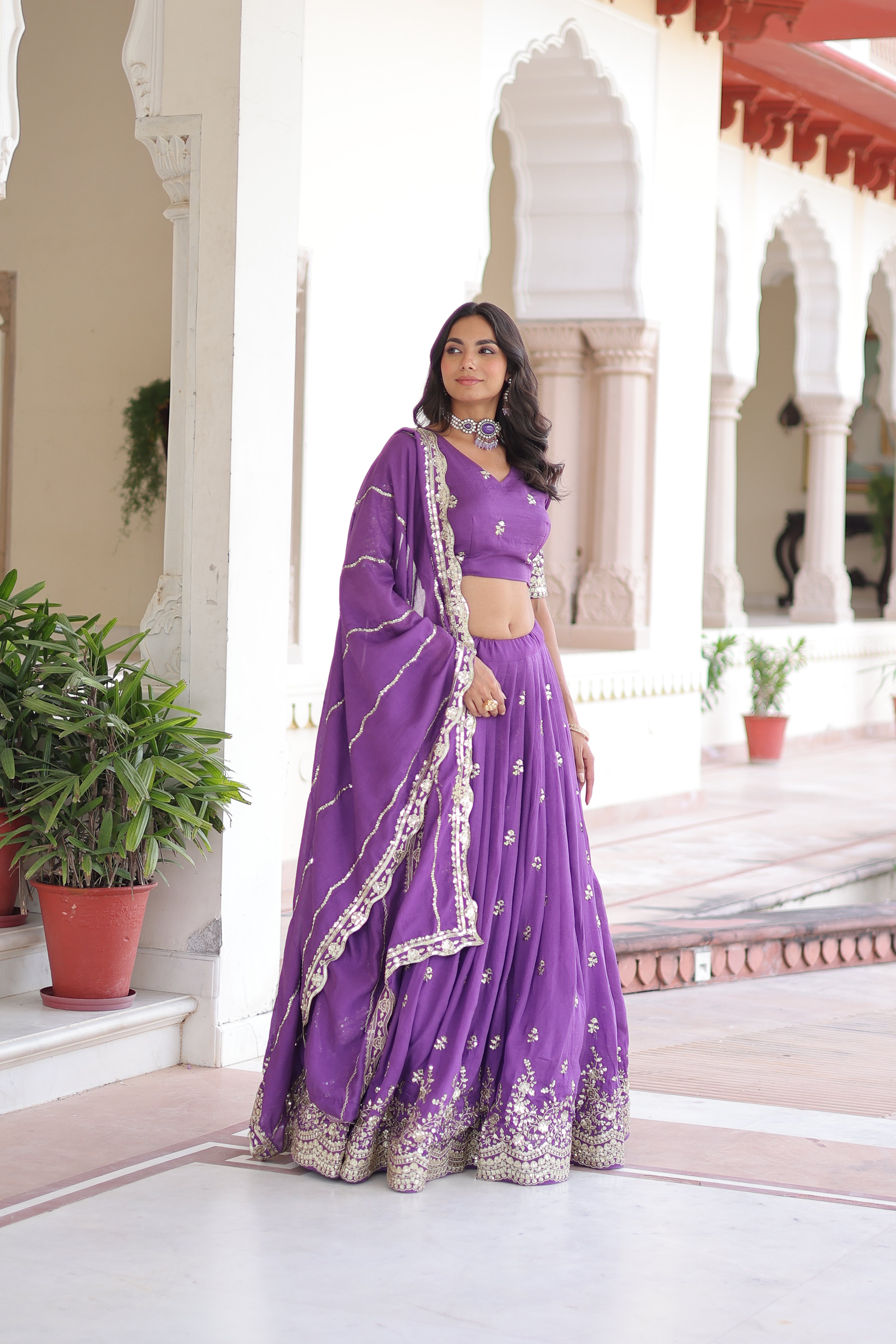 Asha purple Vichitra silk sequins embroidered lehenga choli with dupatta