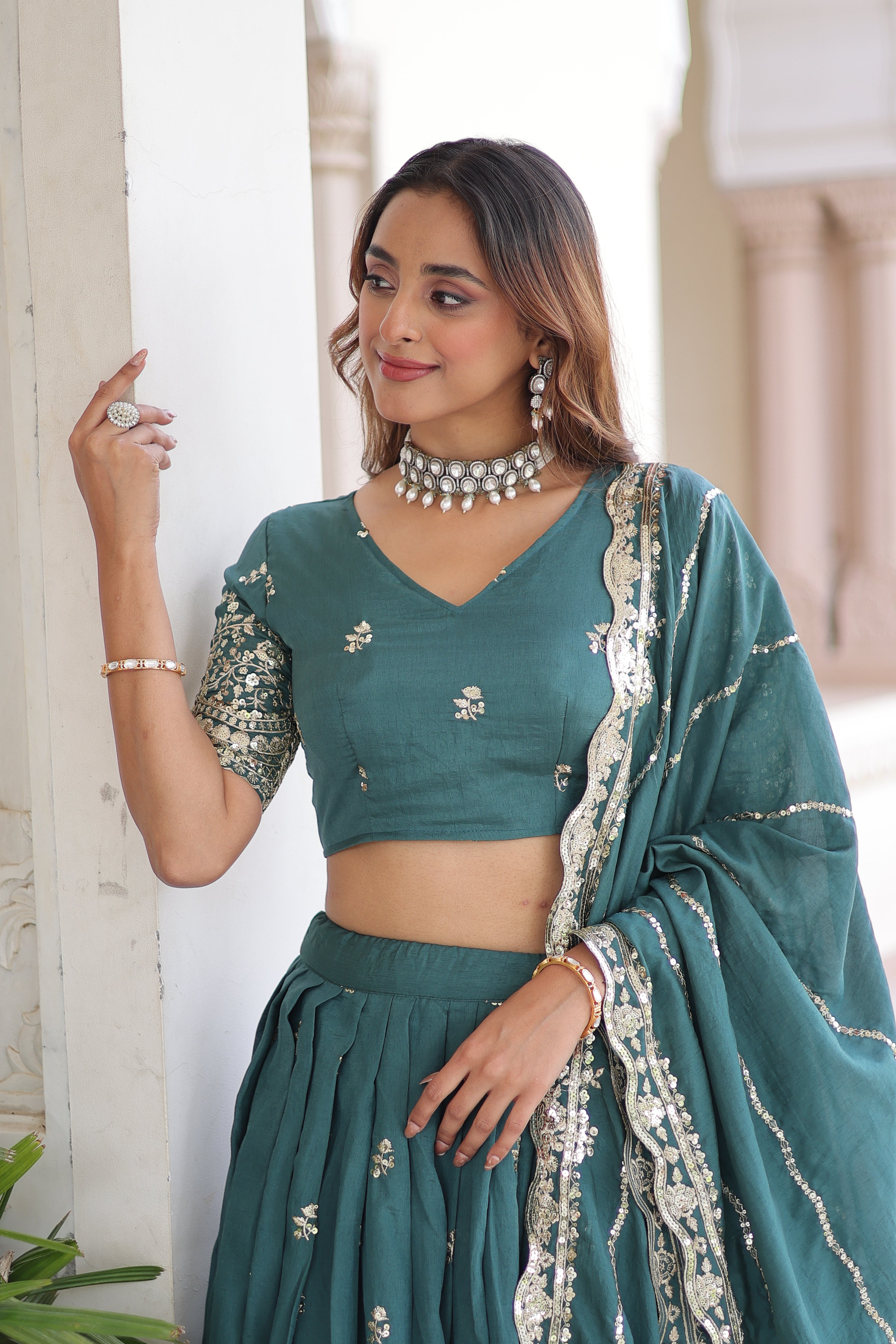 Asha teal green Vichitra silk sequins embroidered lehenga choli with dupatta
