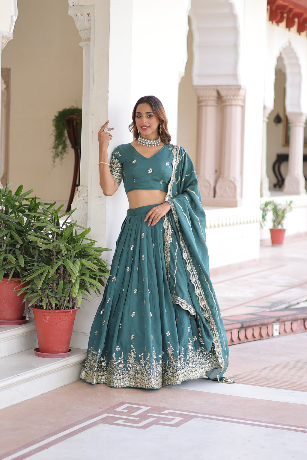 Asha teal green Vichitra silk sequins embroidered lehenga choli with dupatta
