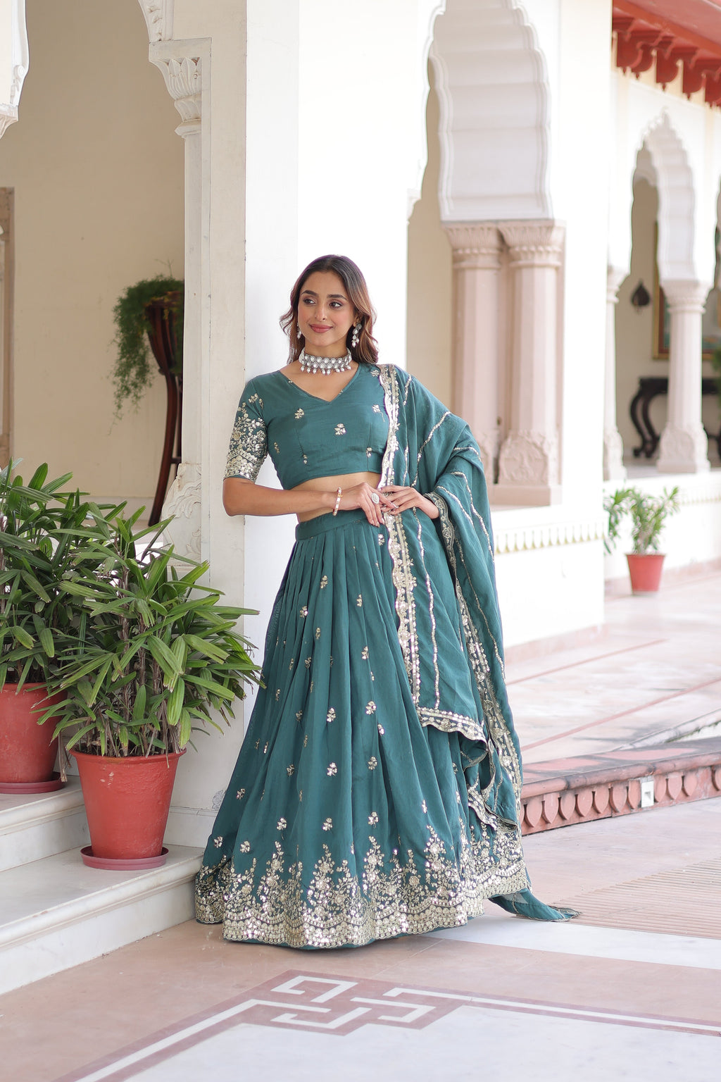 Asha teal green Vichitra silk sequins embroidered lehenga choli with dupatta