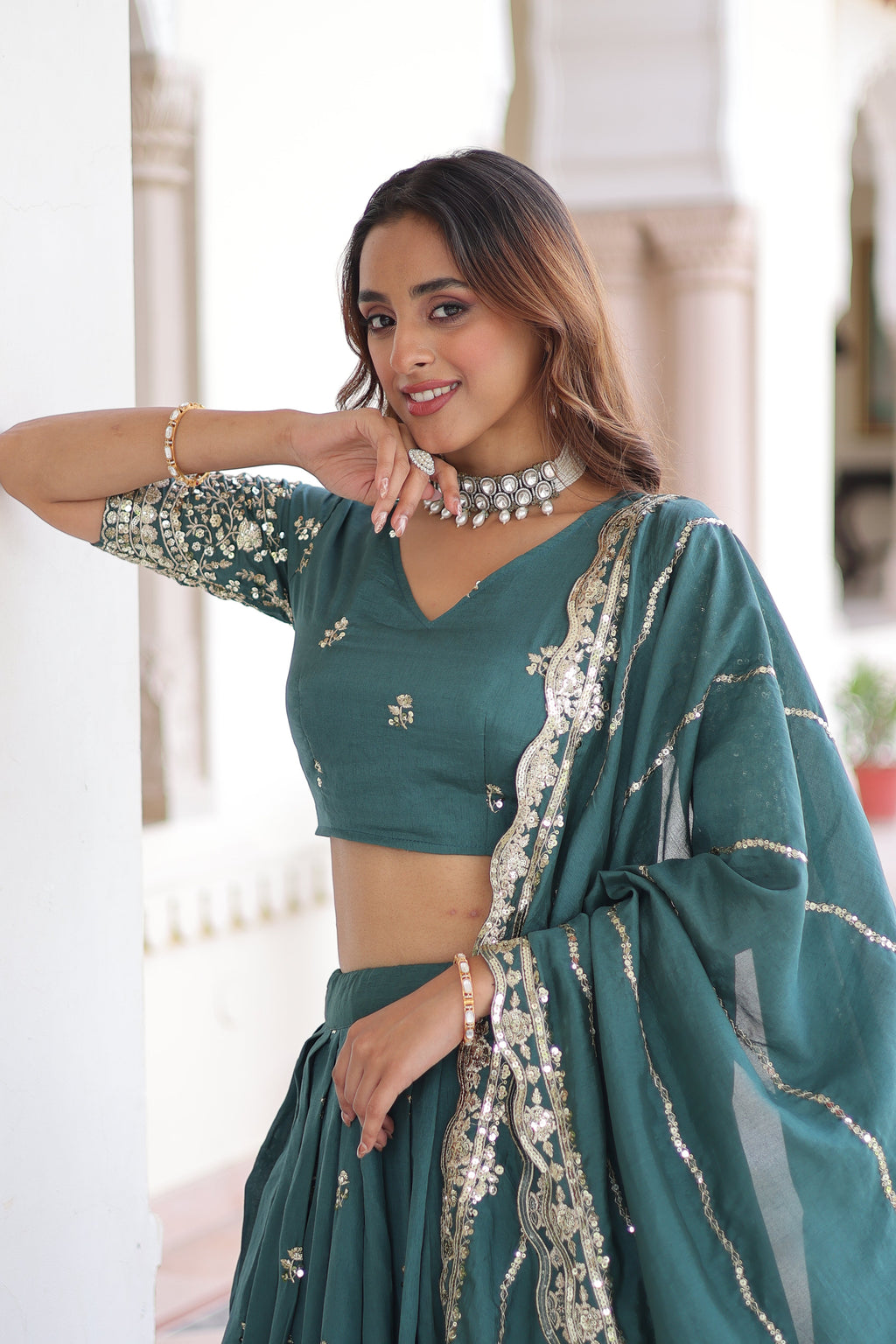 Asha teal green Vichitra silk sequins embroidered lehenga choli with dupatta