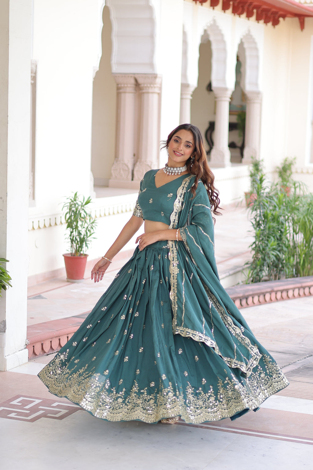Asha teal green Vichitra silk sequins embroidered lehenga choli with dupatta