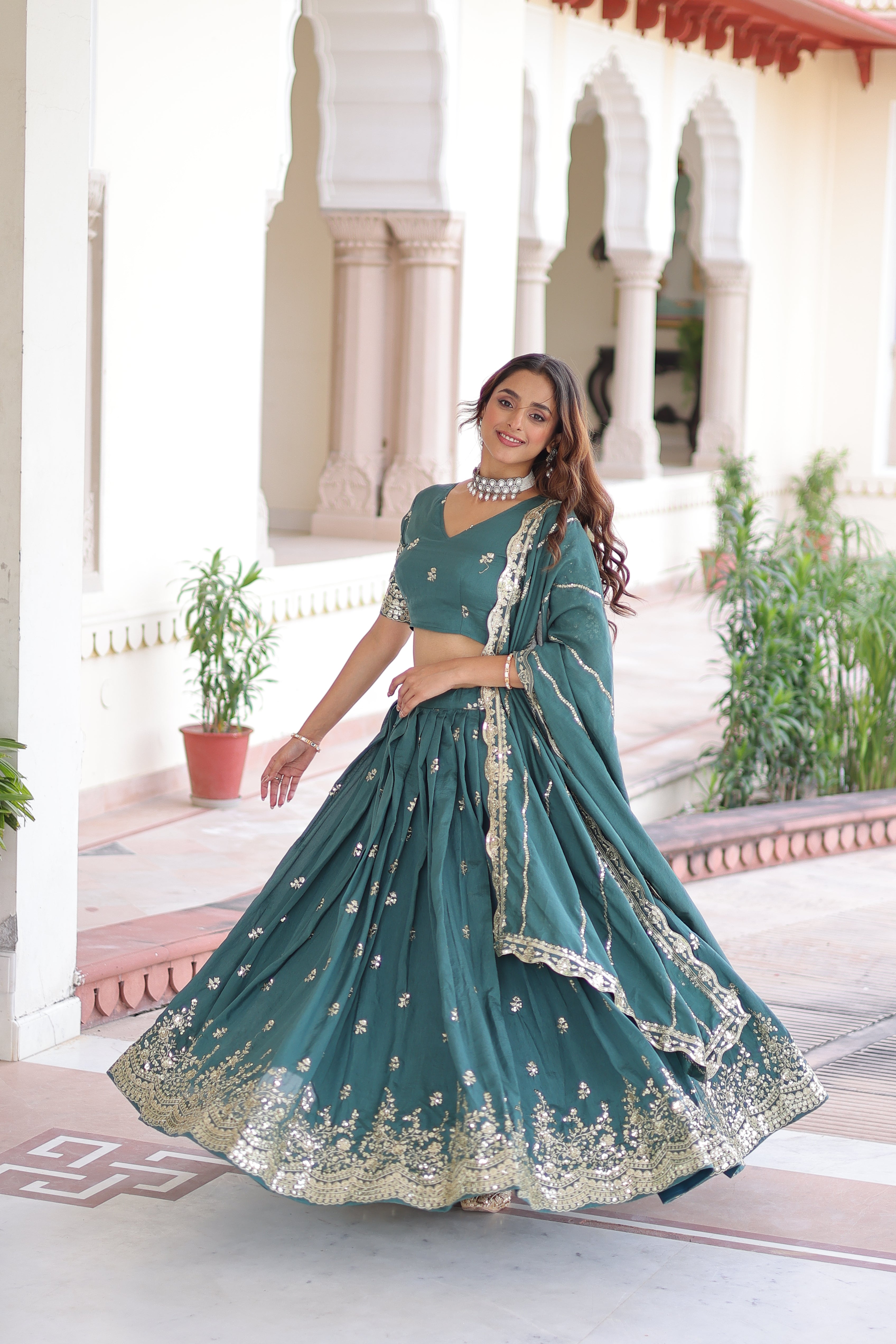 Asha teal green Vichitra silk sequins embroidered lehenga choli with dupatta