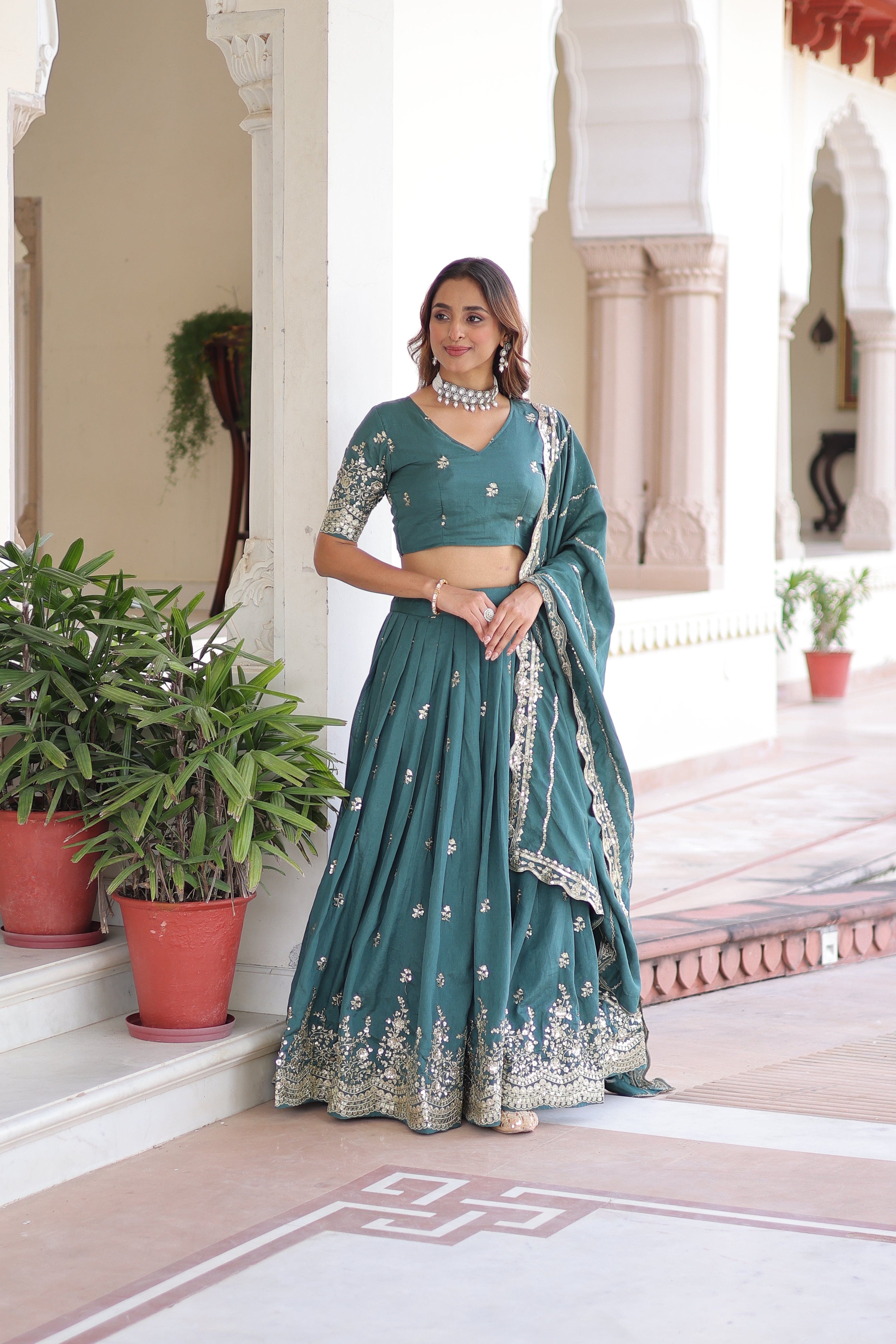 Asha teal green Vichitra silk sequins embroidered lehenga choli with dupatta