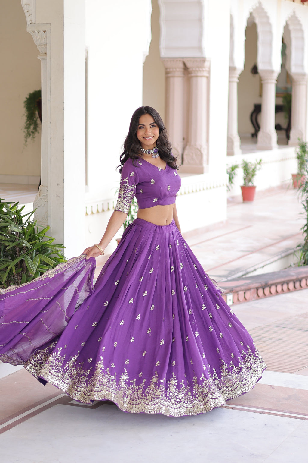 Asha purple Vichitra silk sequins embroidered lehenga choli with dupatta