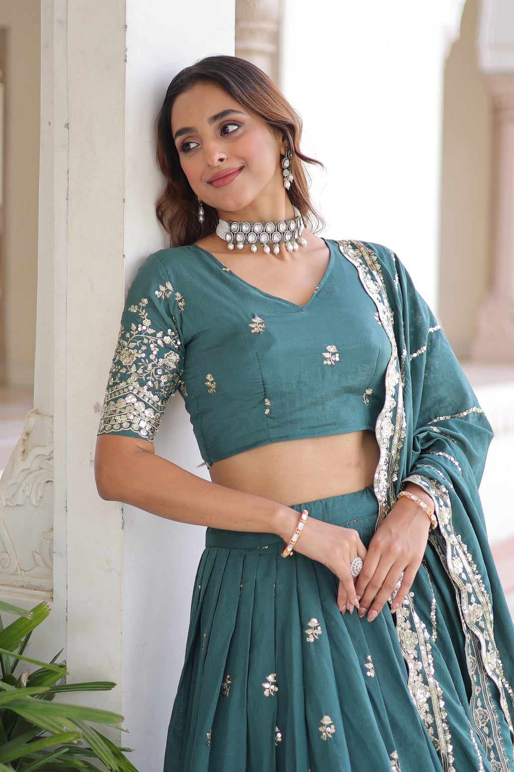 Asha teal green Vichitra silk sequins embroidered lehenga choli with dupatta