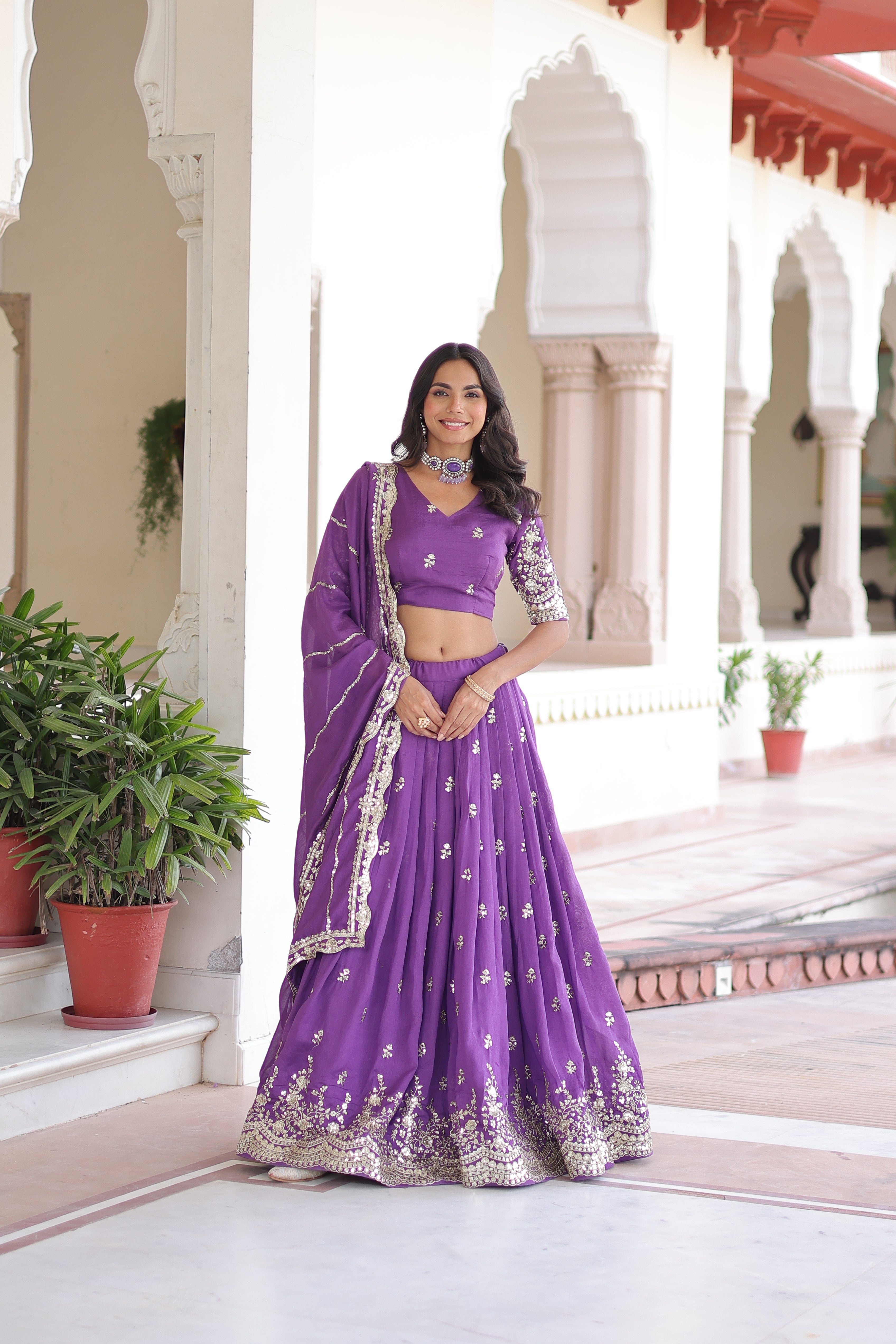 Asha purple Vichitra silk sequins embroidered lehenga choli with dupatta