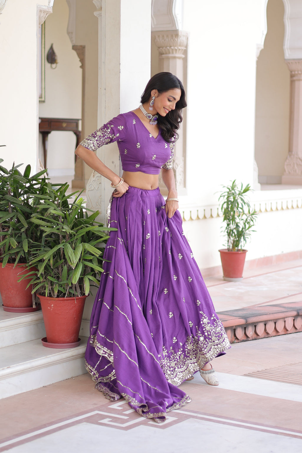 Asha purple Vichitra silk sequins embroidered lehenga choli with dupatta