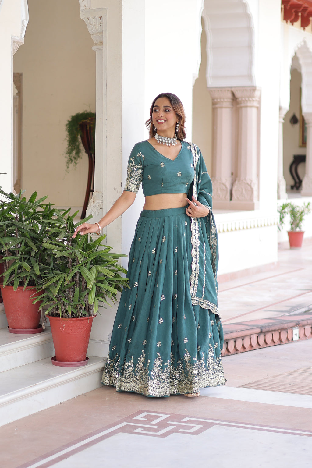 Asha teal green Vichitra silk sequins embroidered lehenga choli with dupatta