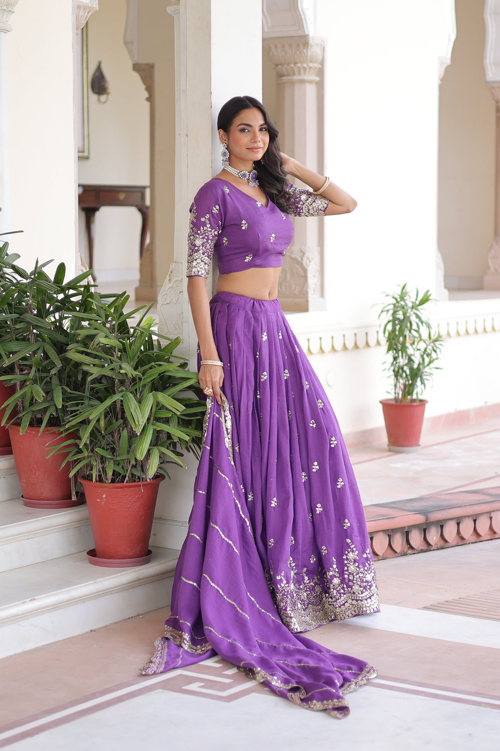 Asha purple Vichitra silk sequins embroidered lehenga choli with dupatta