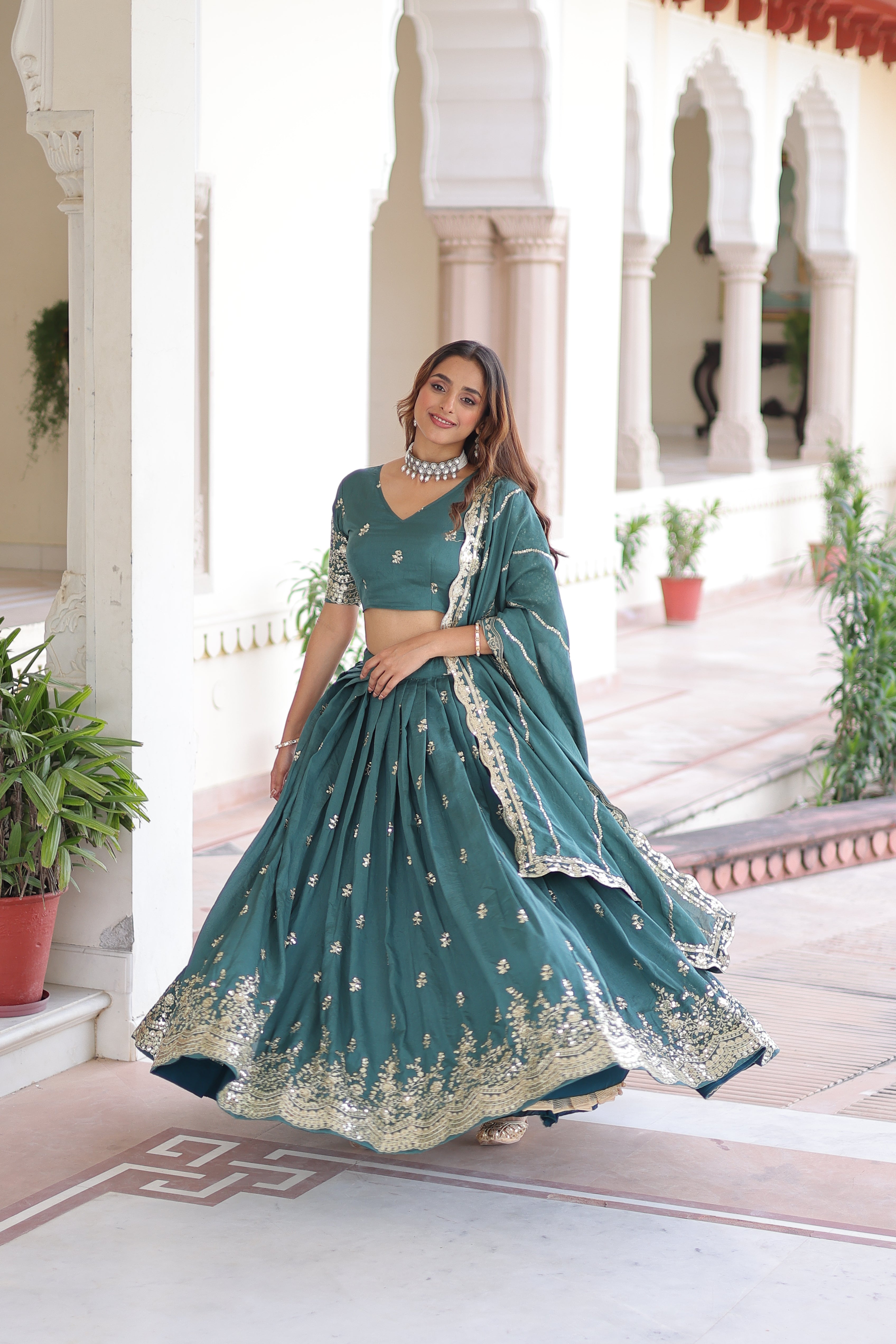 Asha teal green Vichitra silk sequins embroidered lehenga choli with dupatta