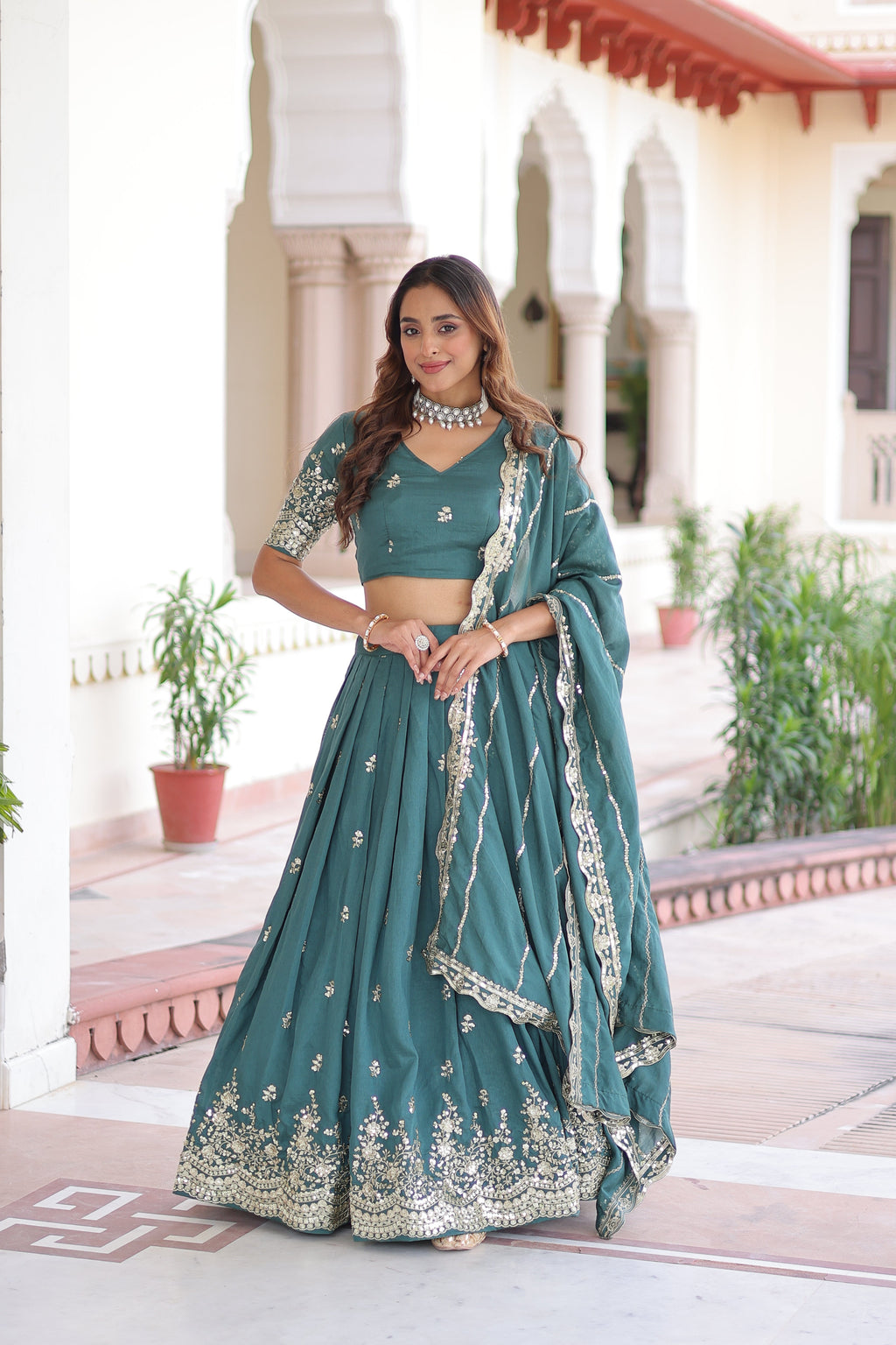 Asha teal green Vichitra silk sequins embroidered lehenga choli with dupatta