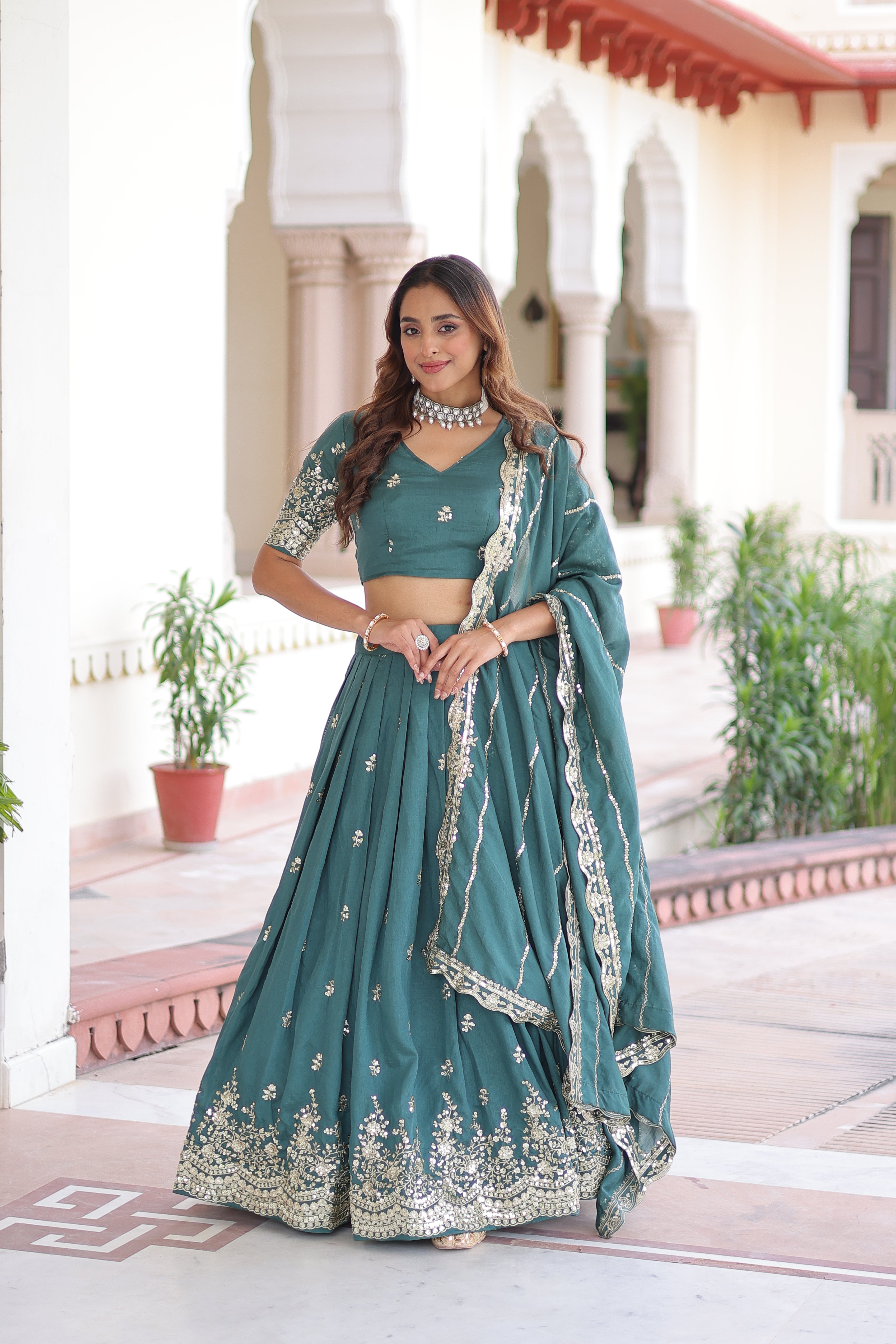 Asha teal green Vichitra silk sequins embroidered lehenga choli with dupatta