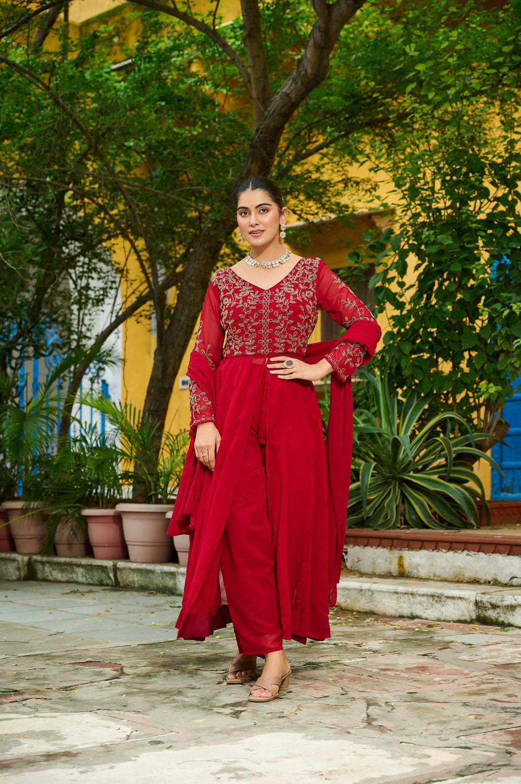 Niyu maroon faux blooming kurti with thread embroidery and bottom set