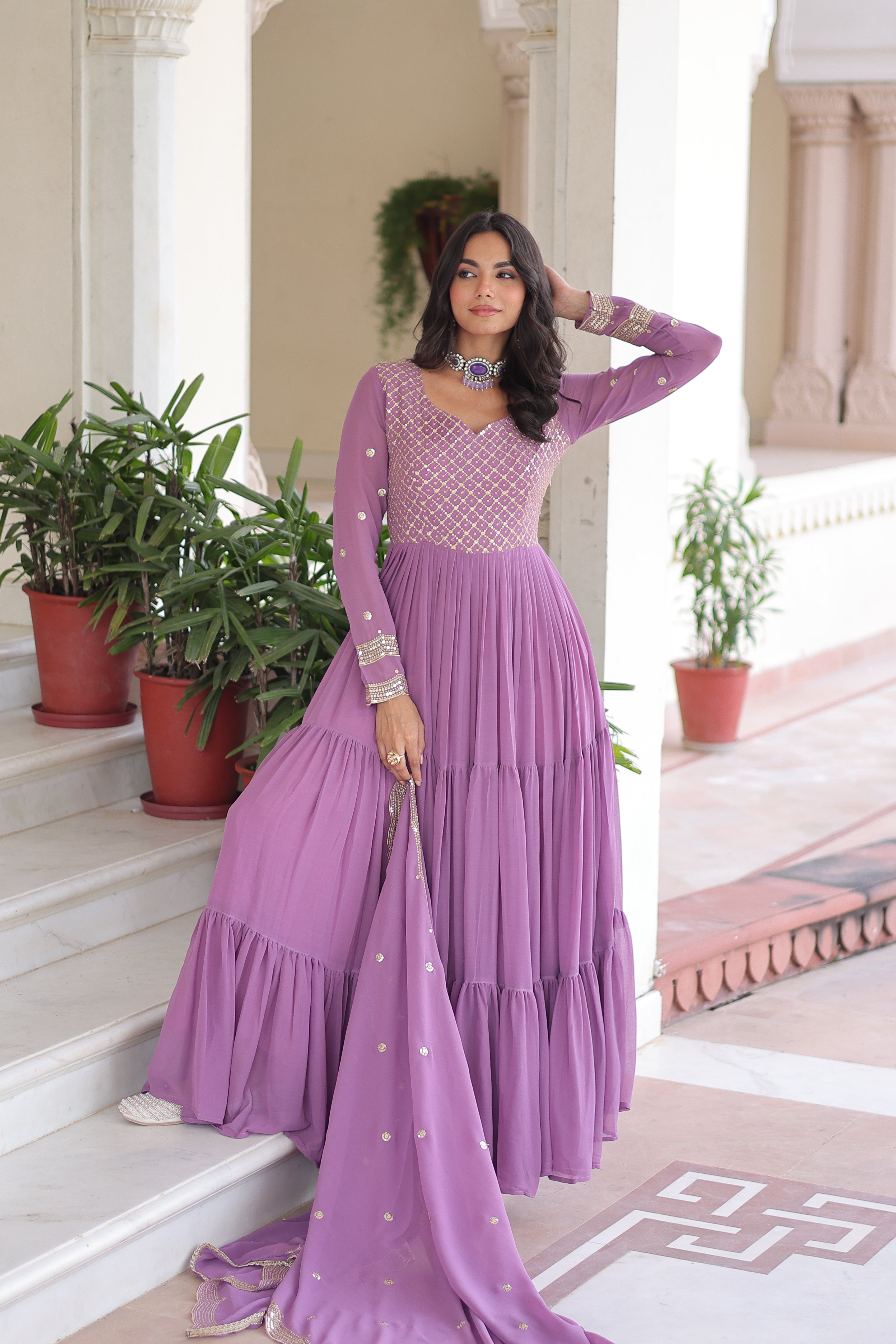 Mita onion pink faux georgette sequins zari embroidered gown with dupatta