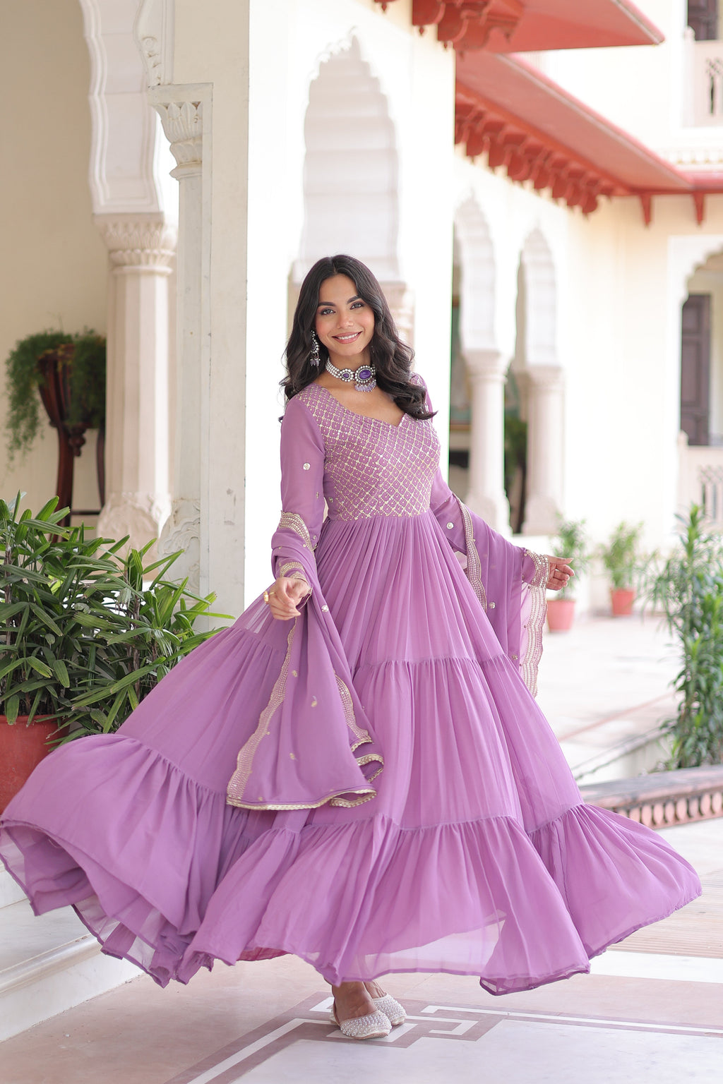 Mita onion pink faux georgette sequins zari embroidered gown with dupatta