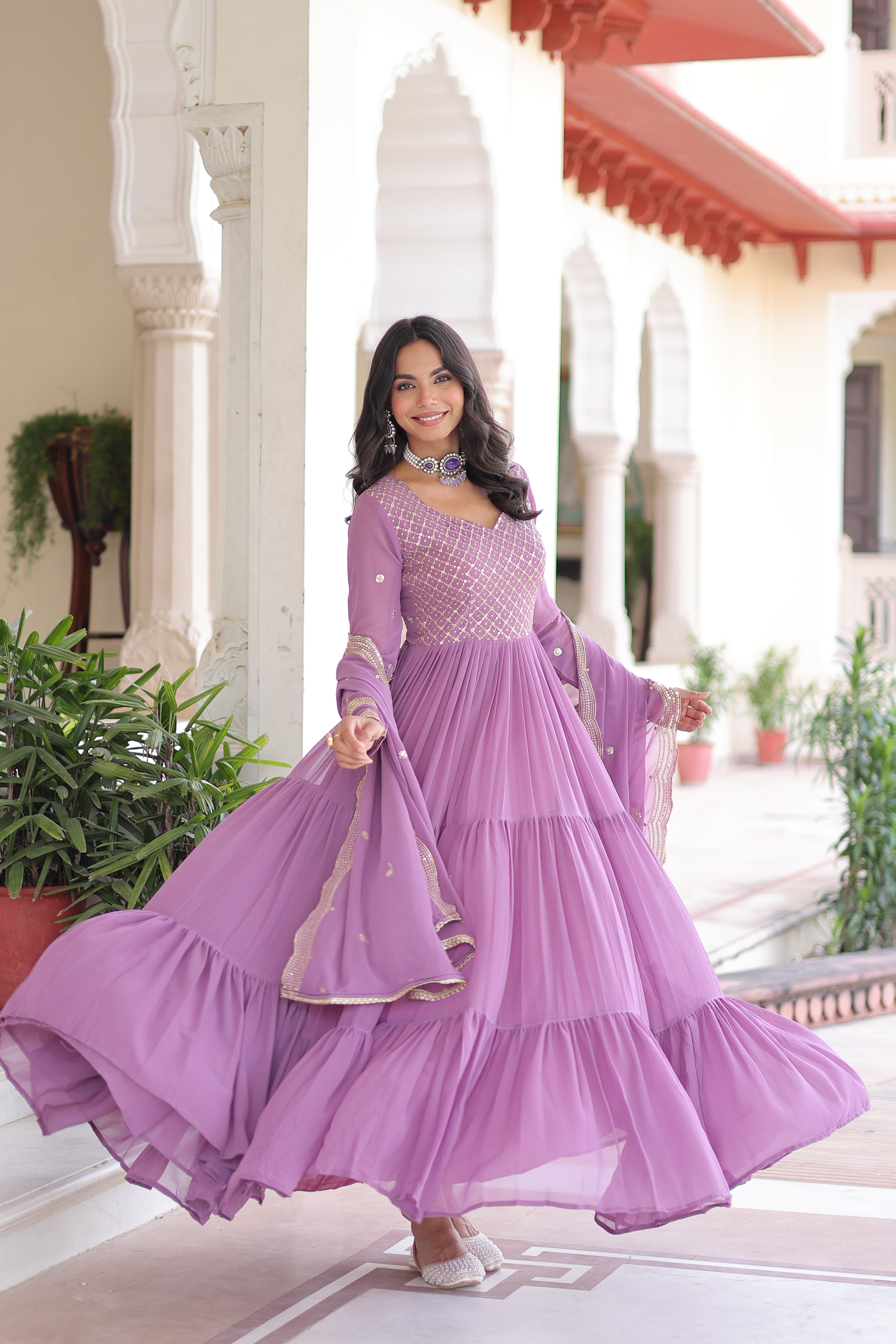 Mita onion pink faux georgette sequins zari embroidered gown with dupatta