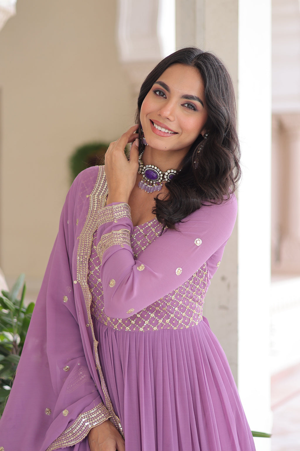 Mita onion pink faux georgette sequins zari embroidered gown with dupatta