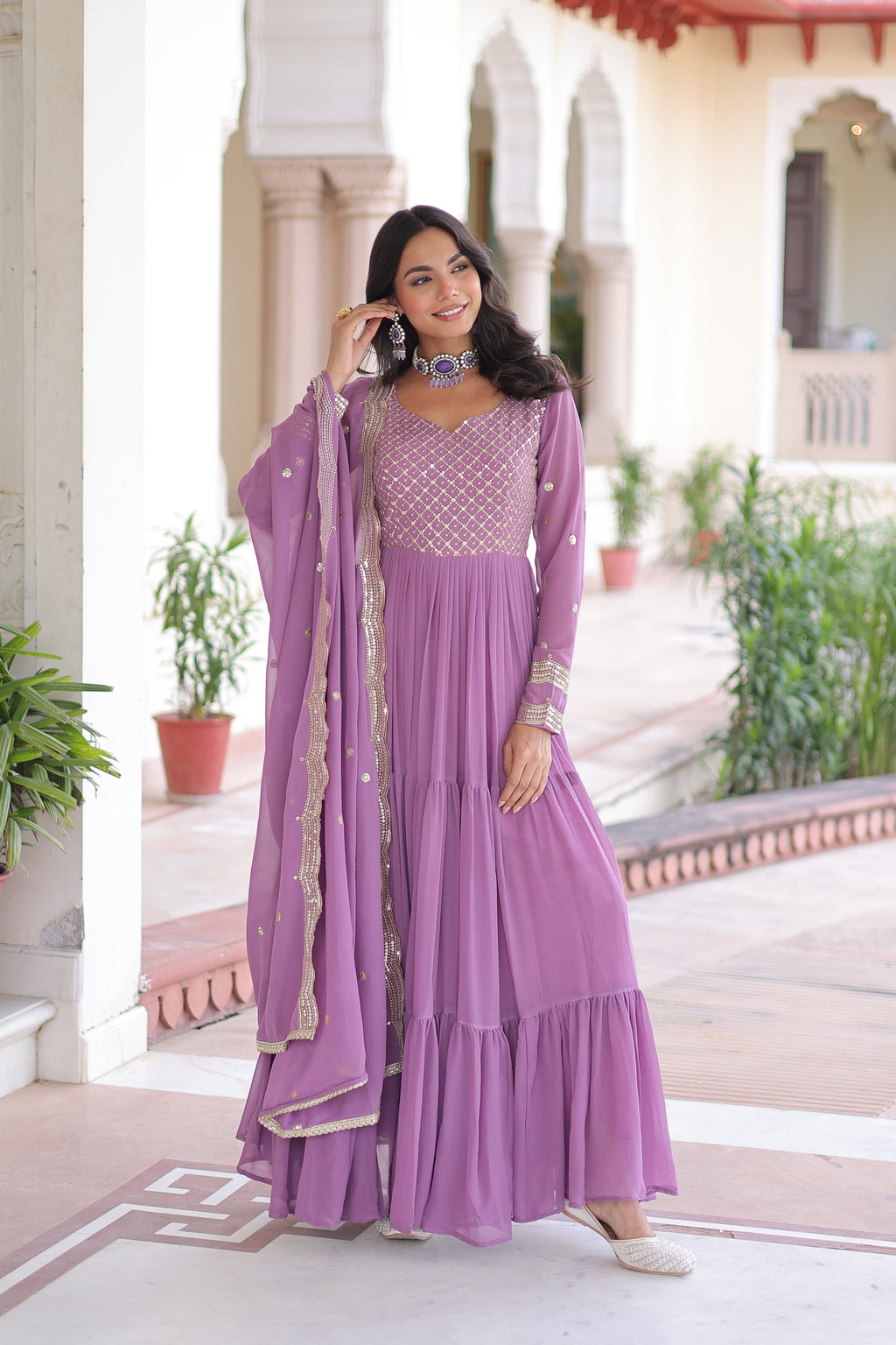 Mita onion pink faux georgette sequins zari embroidered gown with dupatta