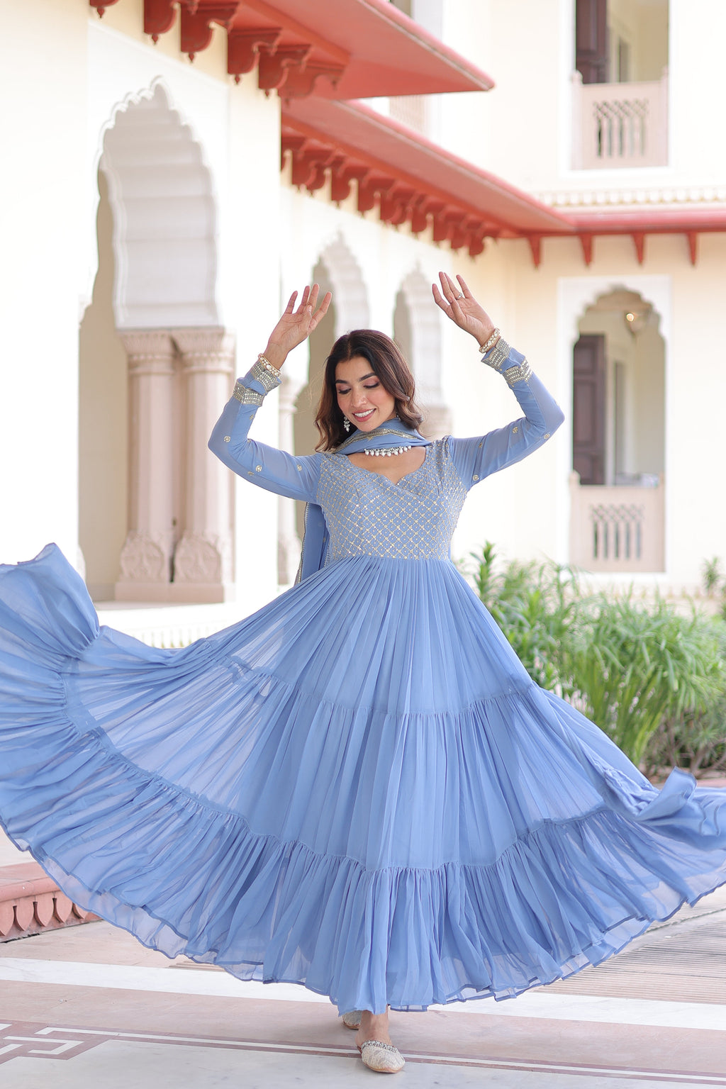 Mita sky blue faux georgette sequins zari embroidered gown with dupatta