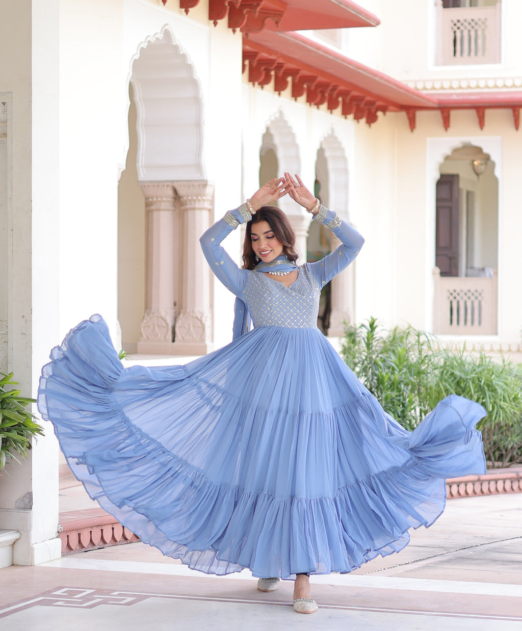 Mita sky blue faux georgette sequins zari embroidered gown with dupatta