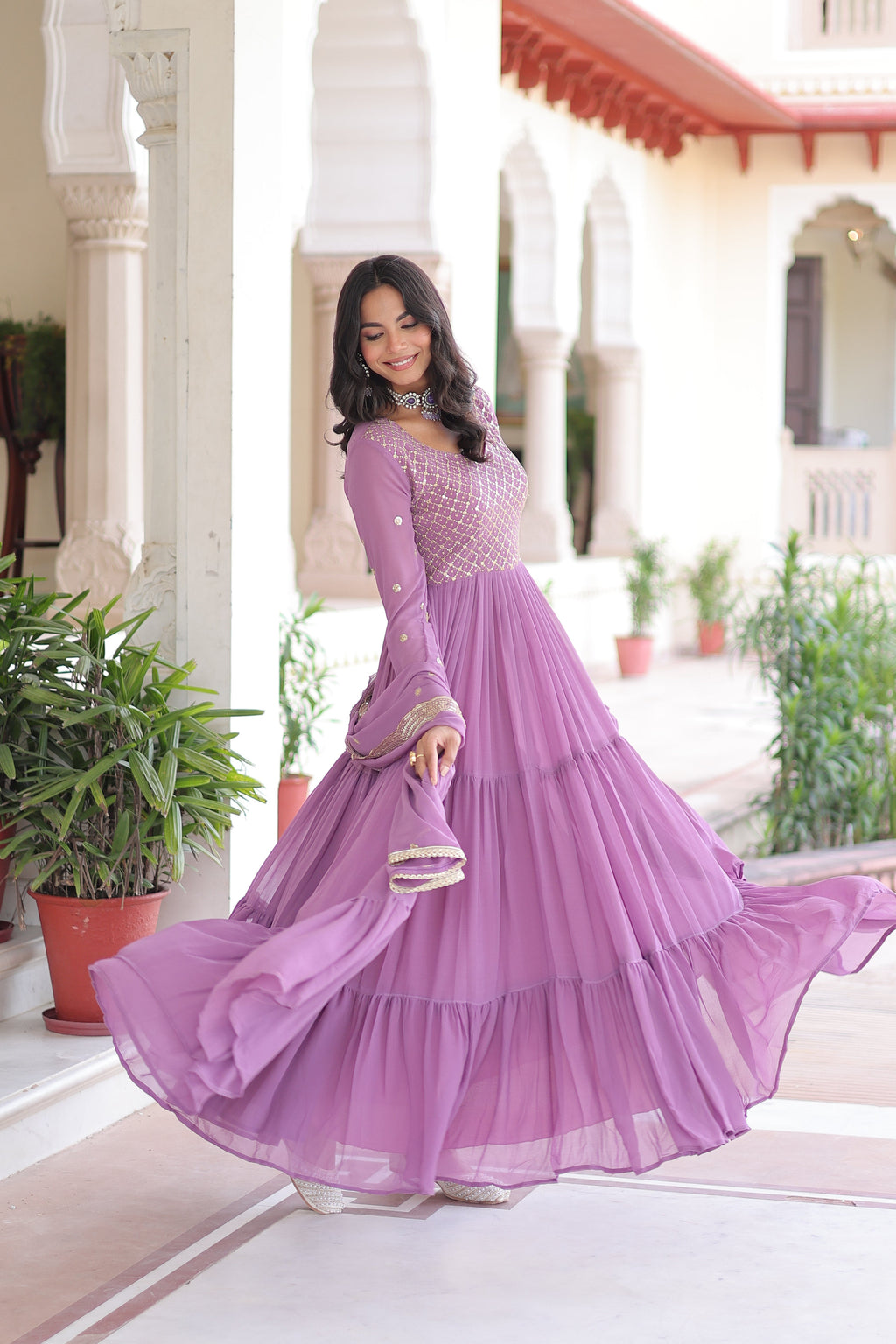 Mita onion pink faux georgette sequins zari embroidered gown with dupatta