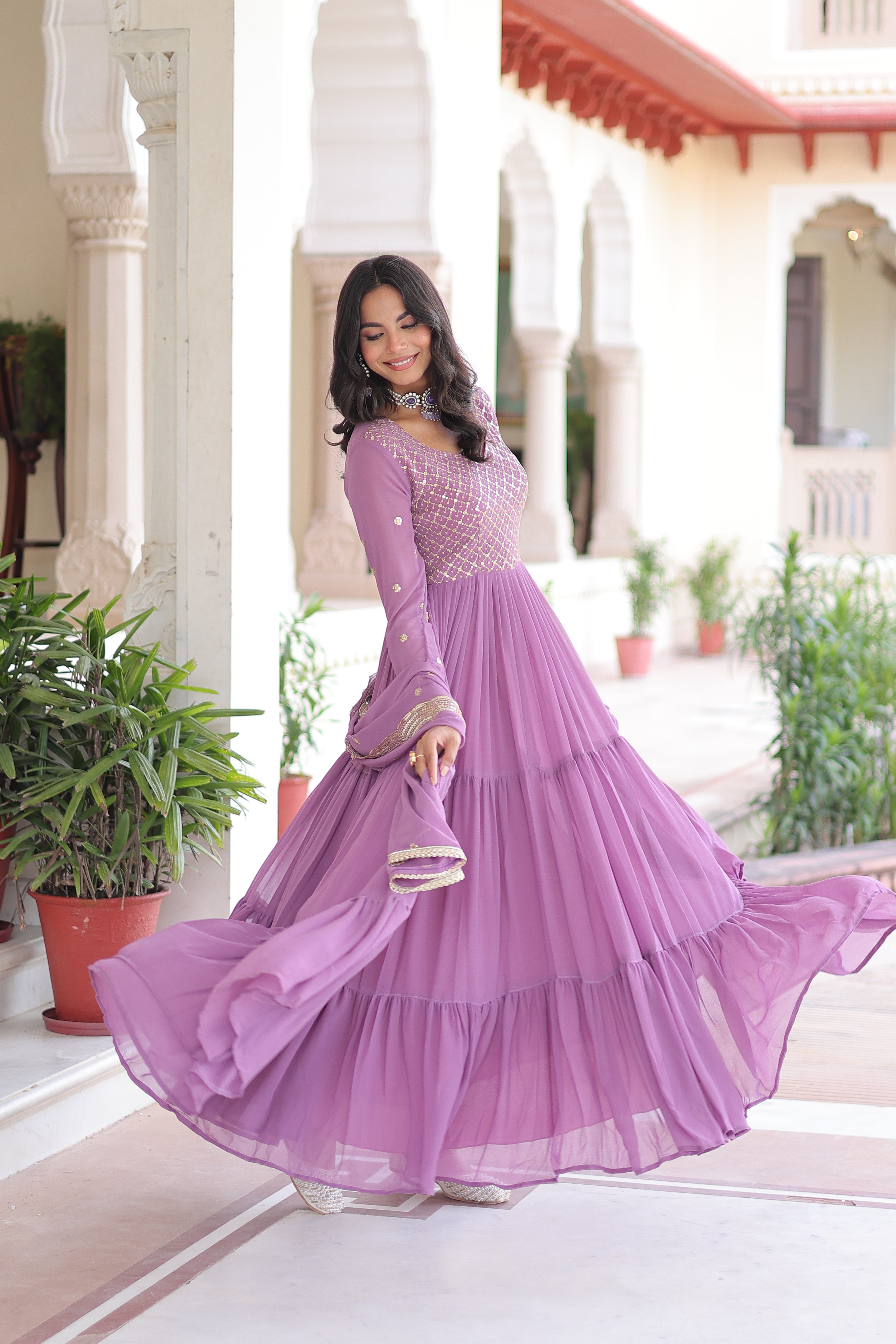 Mita onion pink faux georgette sequins zari embroidered gown with dupatta