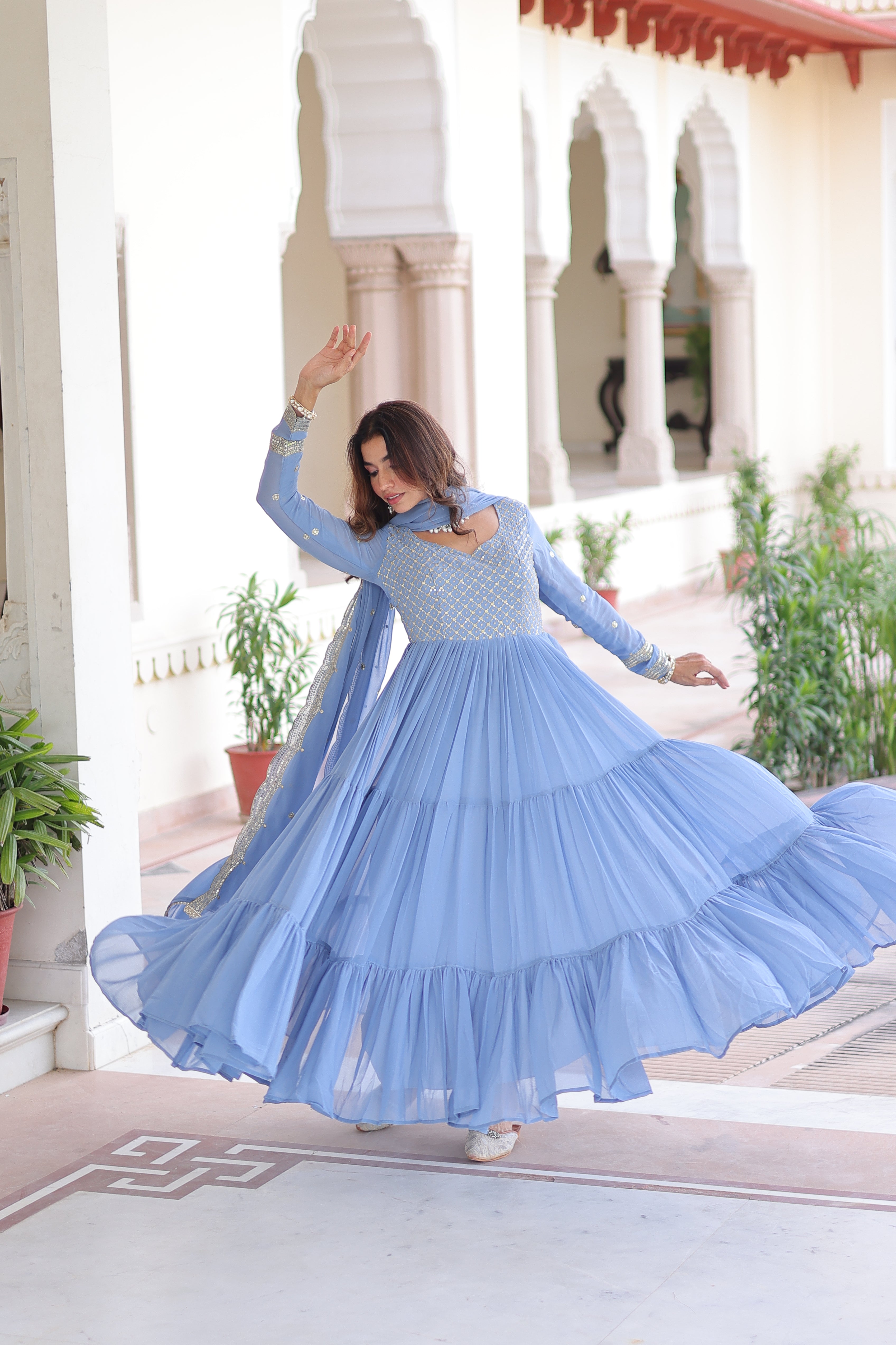 Mita sky blue faux georgette sequins zari embroidered gown with dupatta