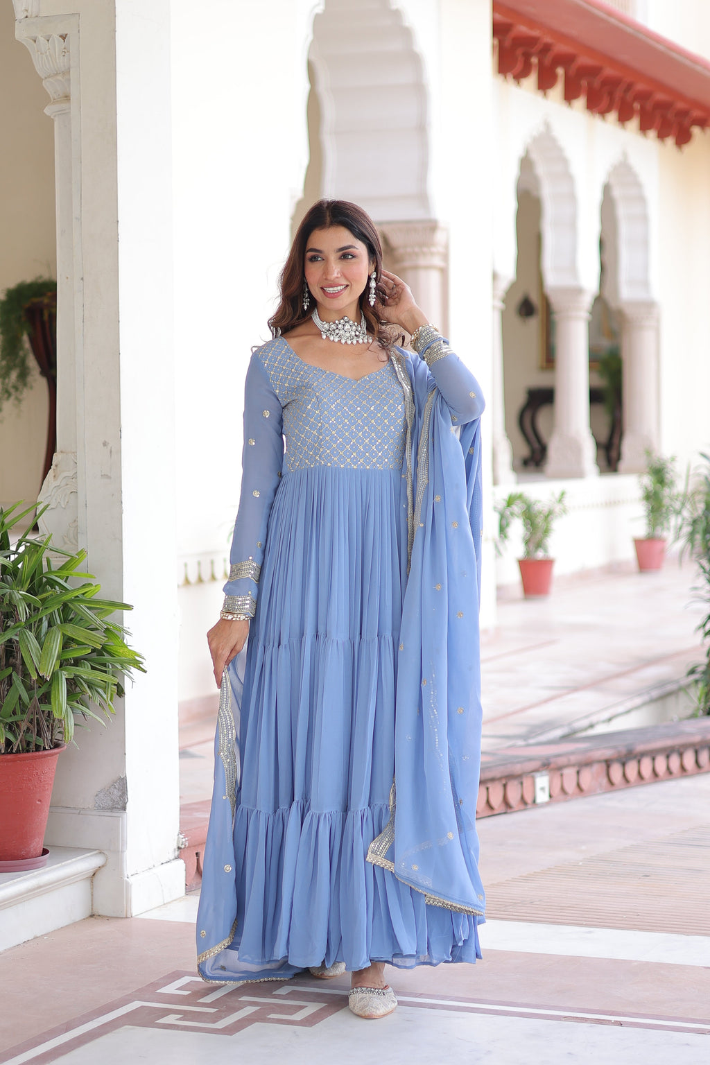 Mita sky blue faux georgette sequins zari embroidered gown with dupatta