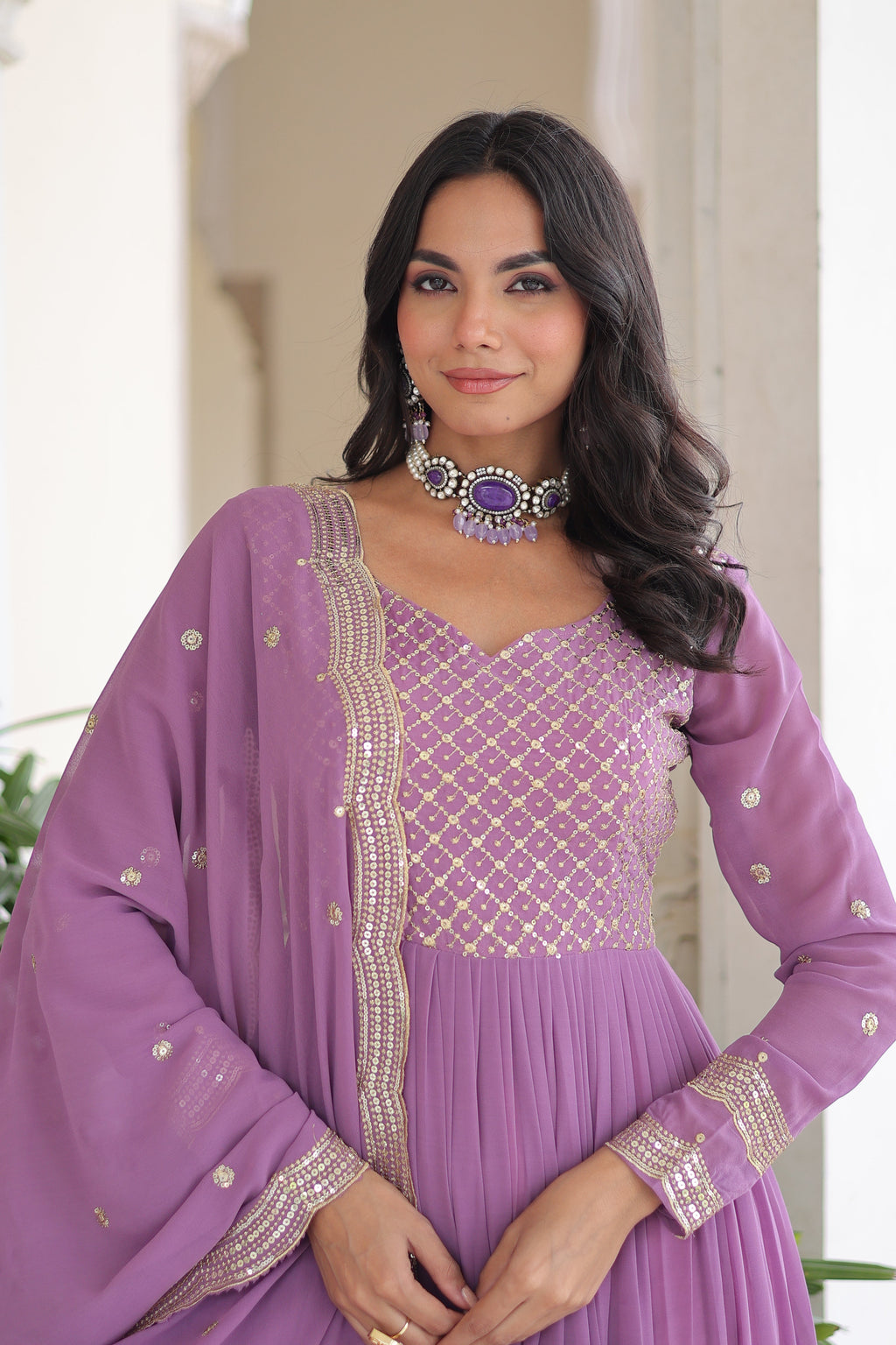 Mita onion pink faux georgette sequins zari embroidered gown with dupatta