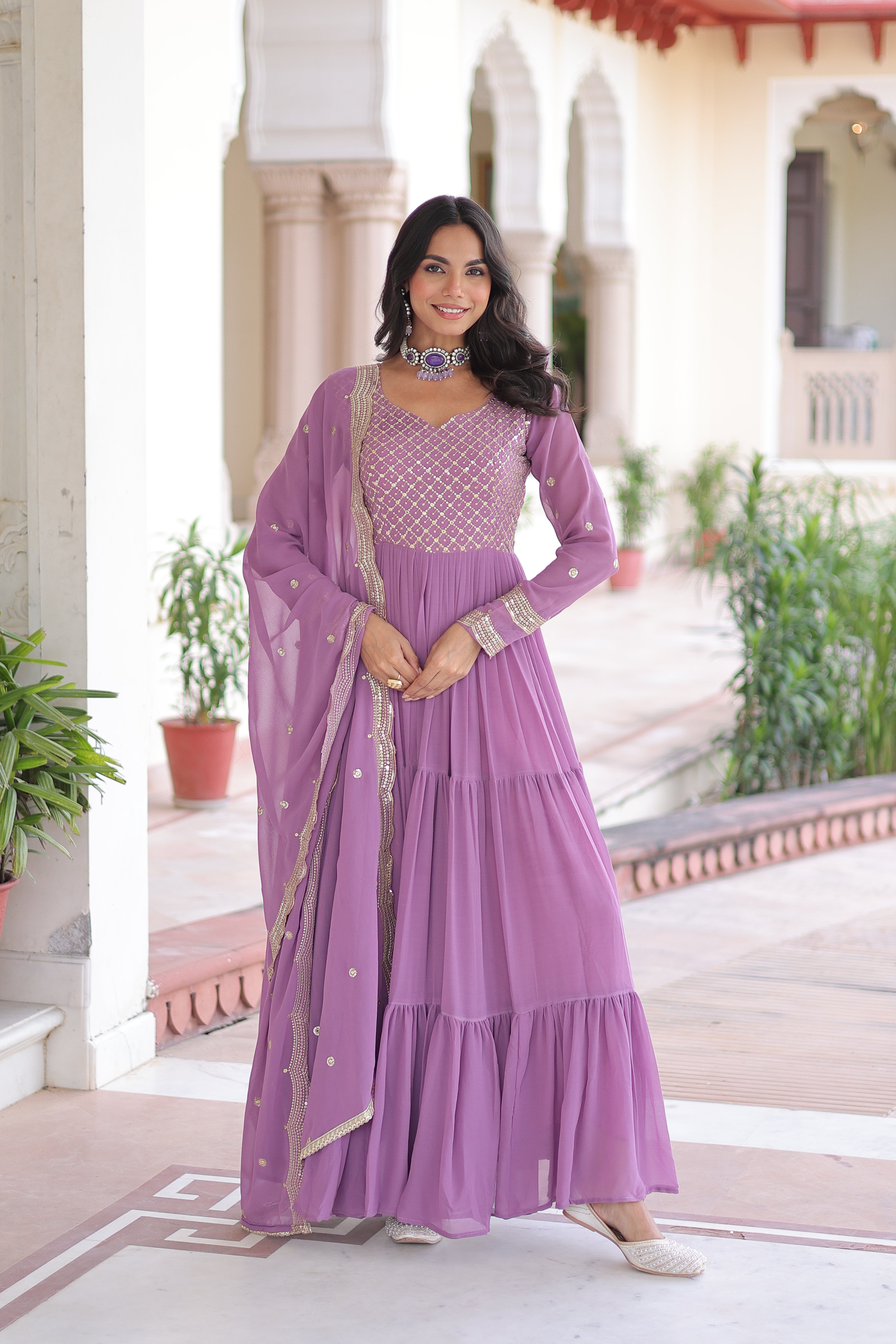 Mita onion pink faux georgette sequins zari embroidered gown with dupatta
