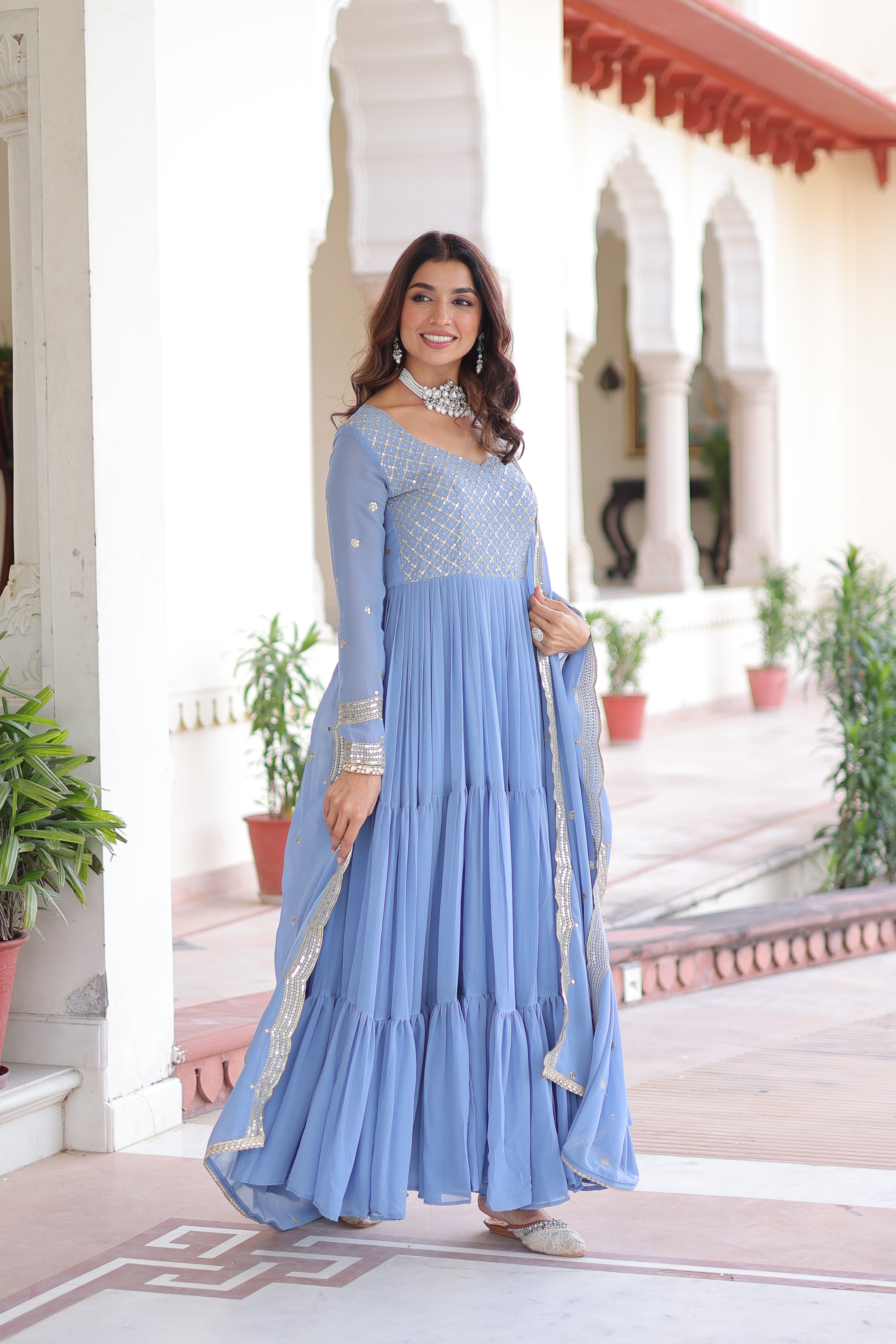 Mita sky blue faux georgette sequins zari embroidered gown with dupatta