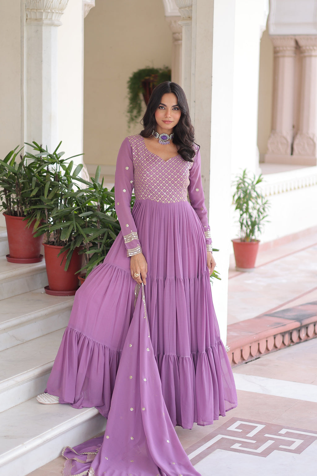 Mita onion pink faux georgette sequins zari embroidered gown with dupatta