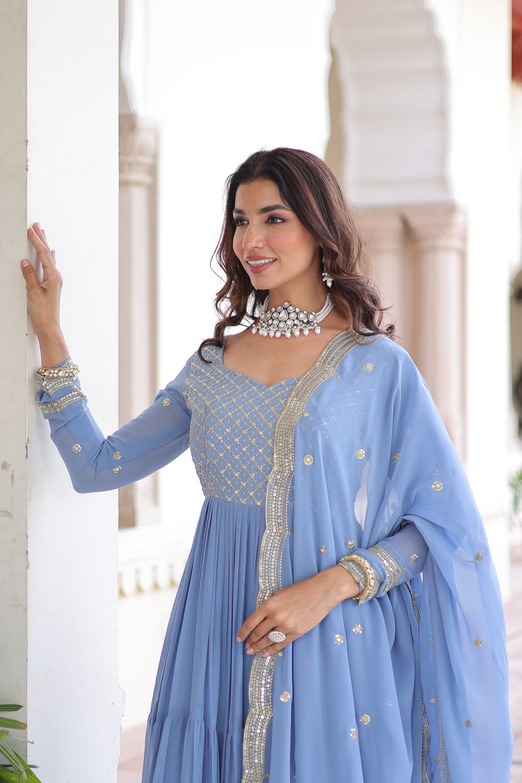 Mita sky blue faux georgette sequins zari embroidered gown with dupatta