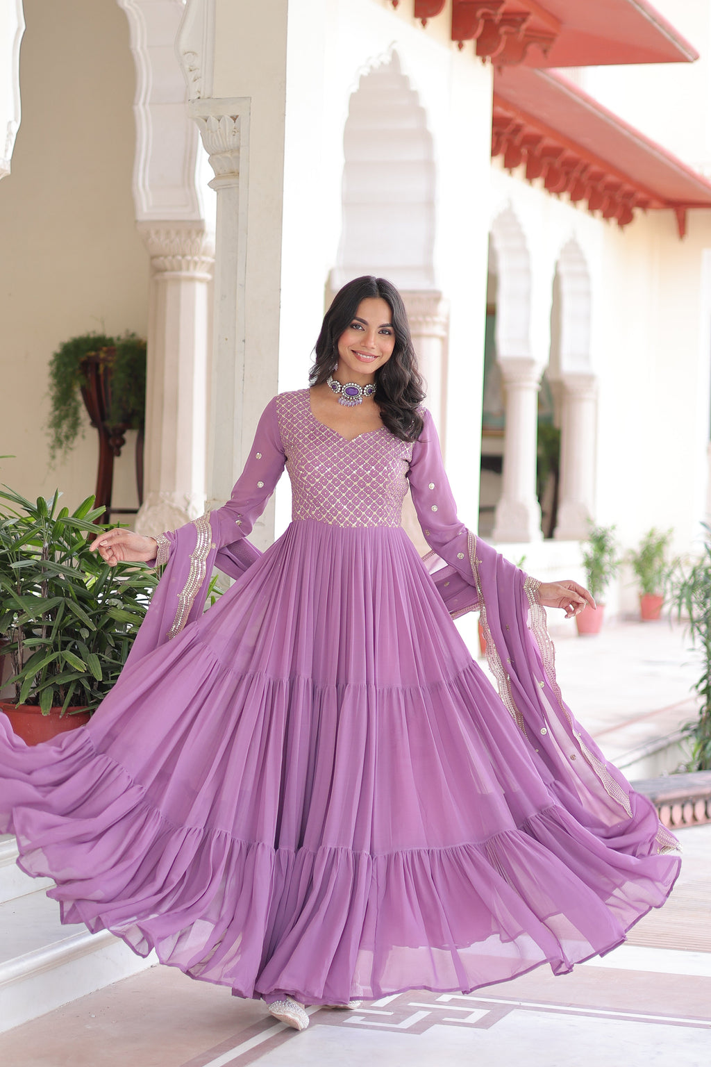 Mita onion pink faux georgette sequins zari embroidered gown with dupatta