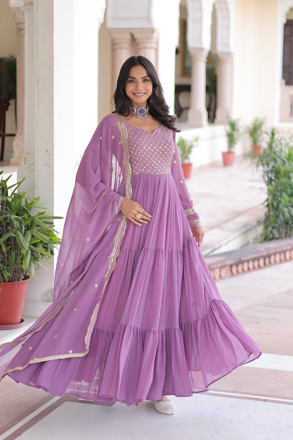 Mita onion pink faux georgette sequins zari embroidered gown with dupatta