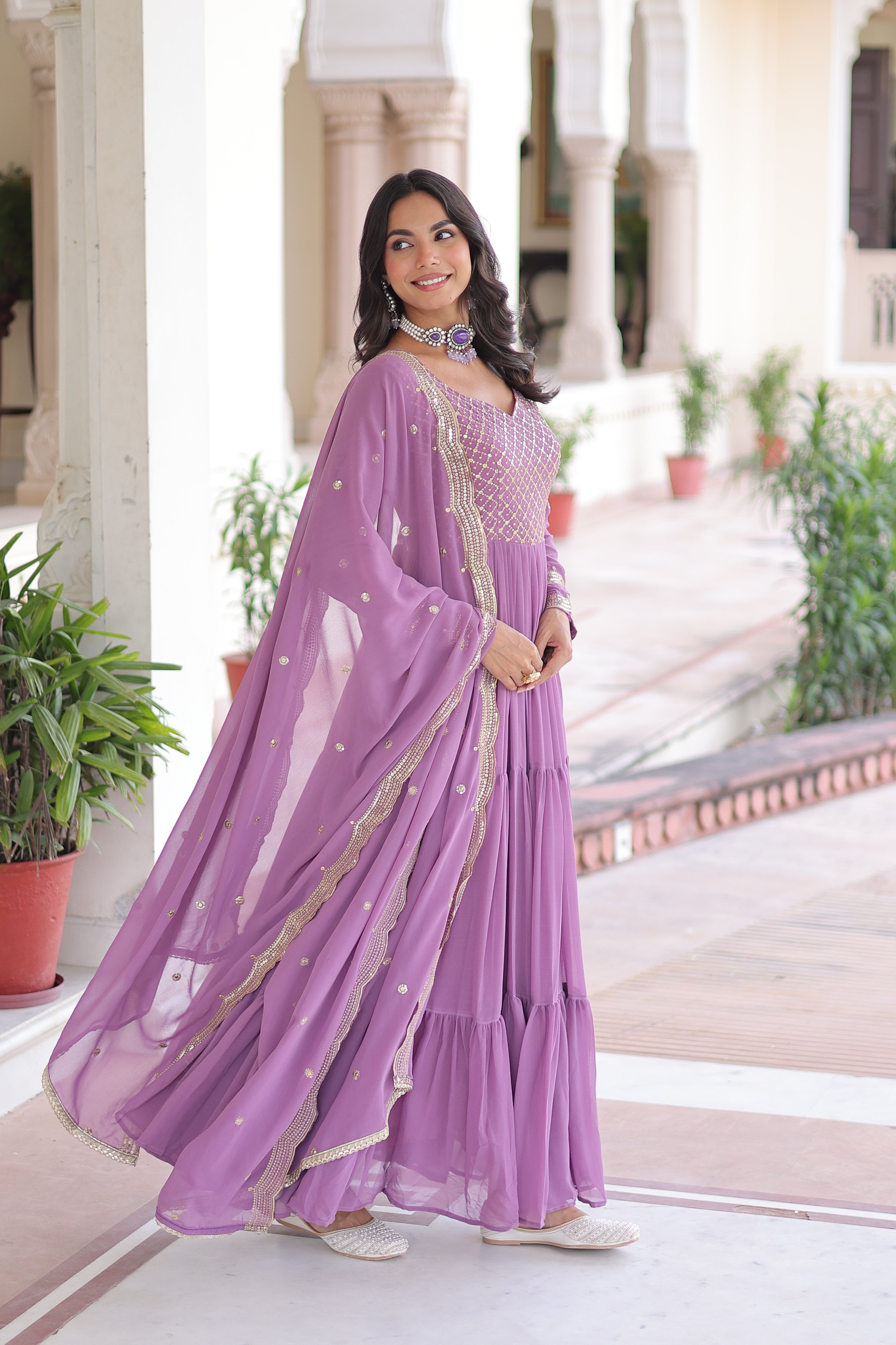 Mita onion pink faux georgette sequins zari embroidered gown with dupatta