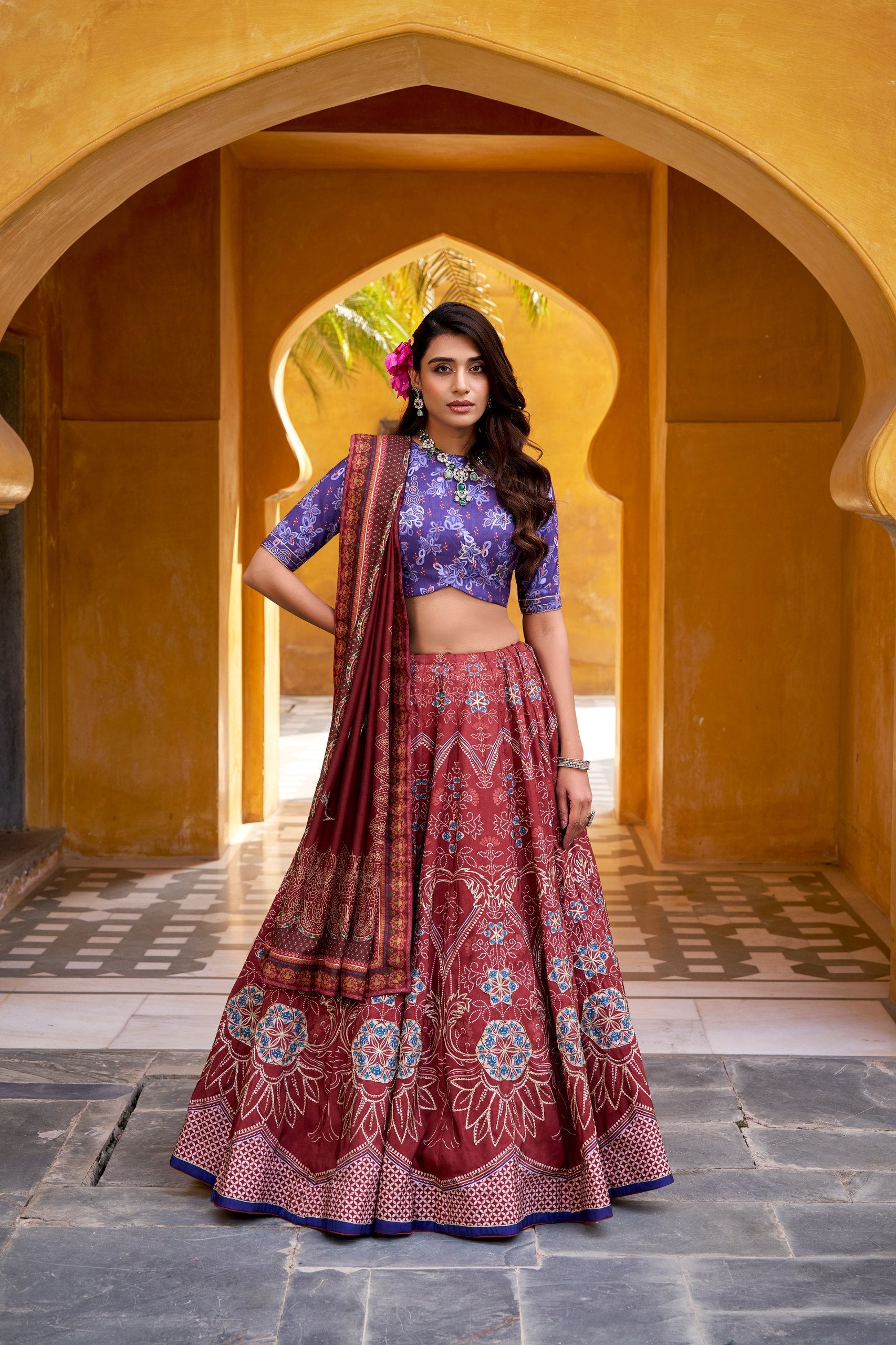 Rajeshwari maroon vaishali silk printed beads work lehenga choli set