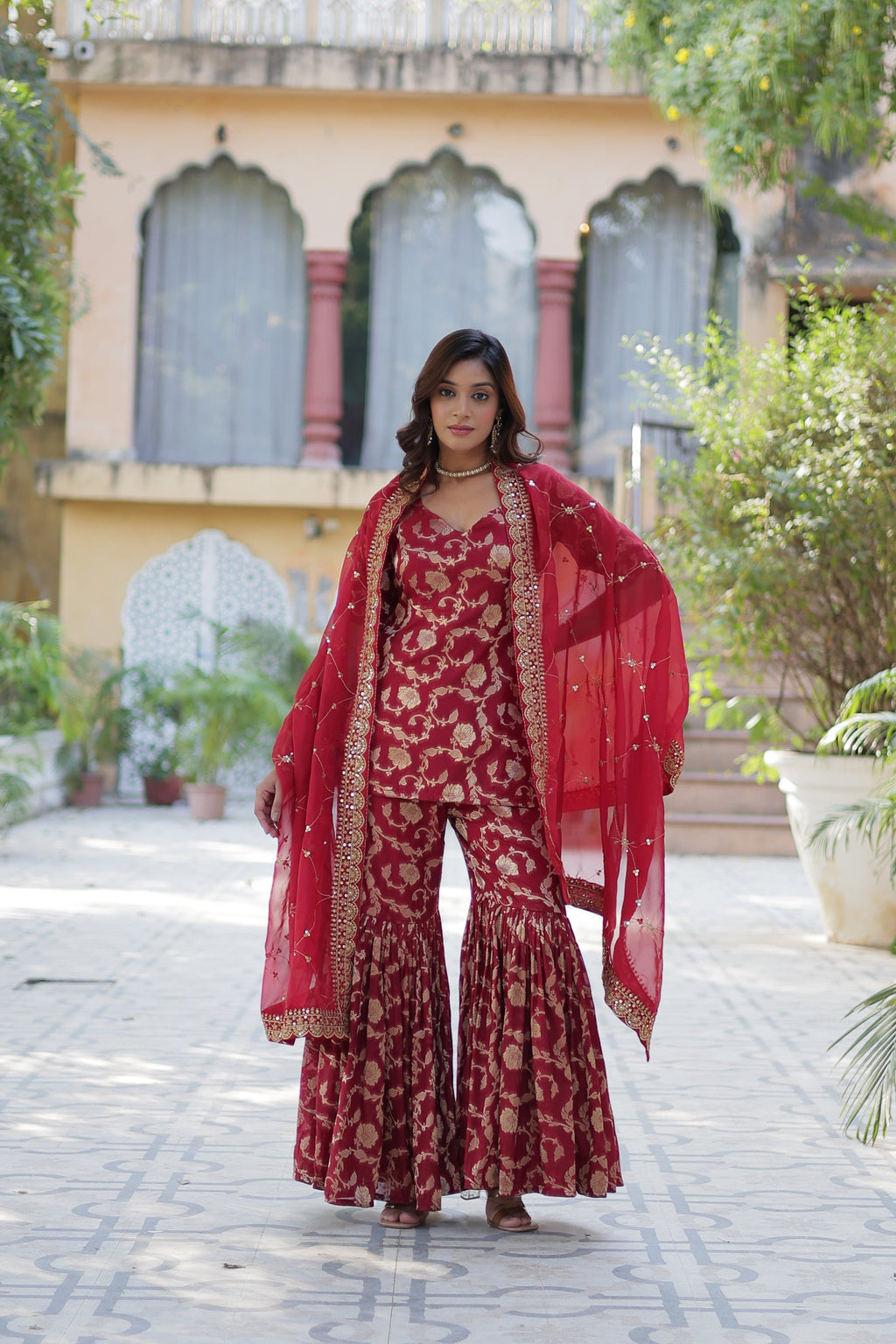 Maroon viscose georgette jacquard Triya designer gharara suit