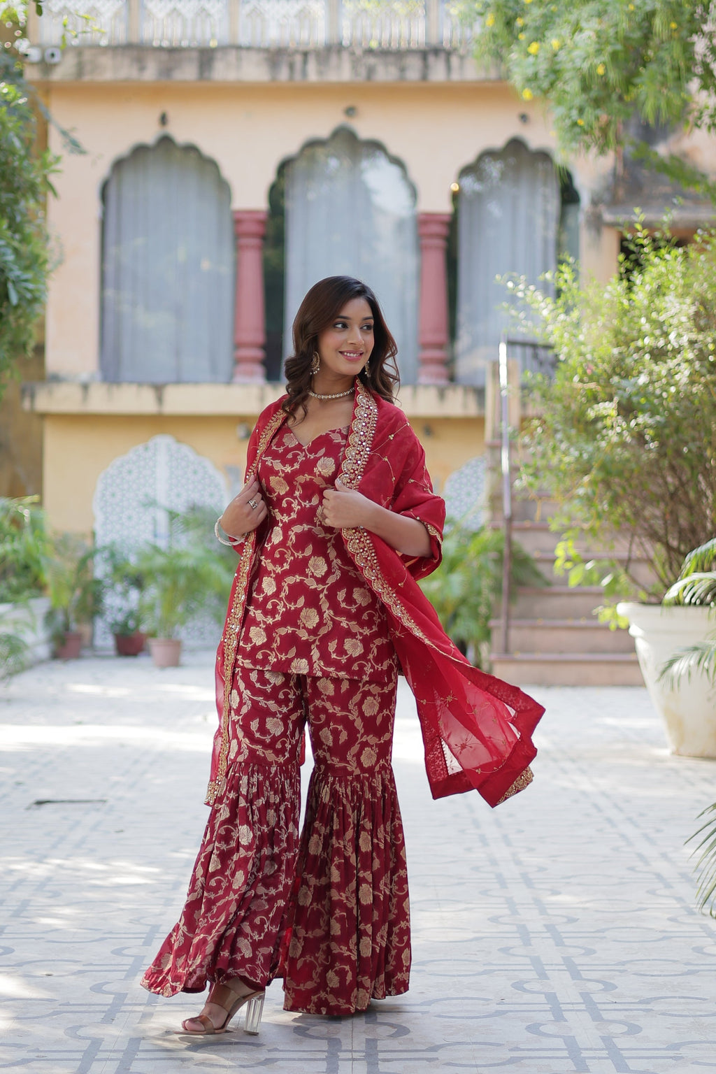 Maroon viscose georgette jacquard Triya designer gharara suit