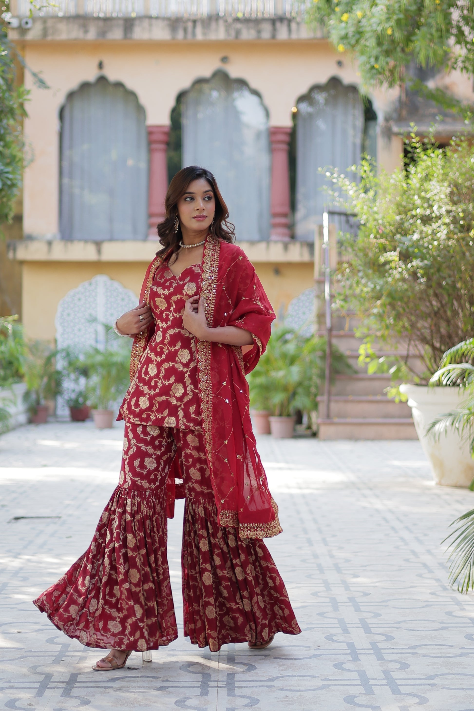 Maroon viscose georgette jacquard Triya designer gharara suit