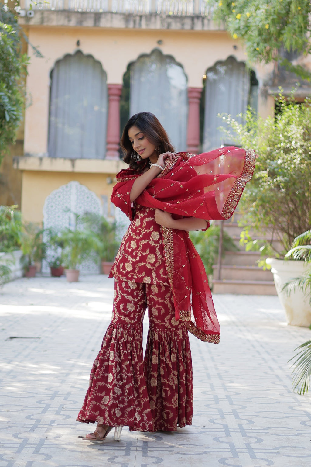 Maroon viscose georgette jacquard Triya designer gharara suit
