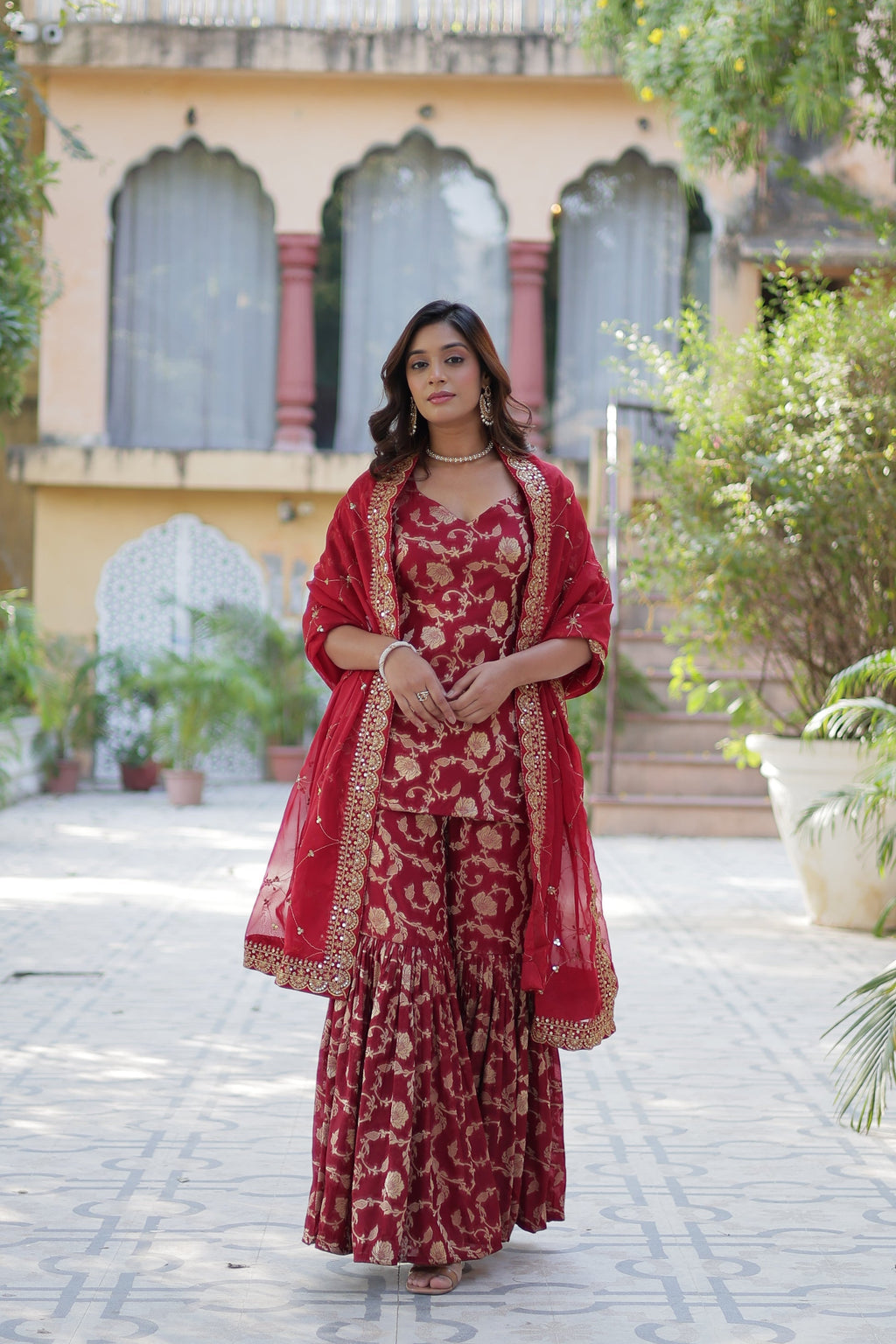 Maroon viscose georgette jacquard Triya designer gharara suit