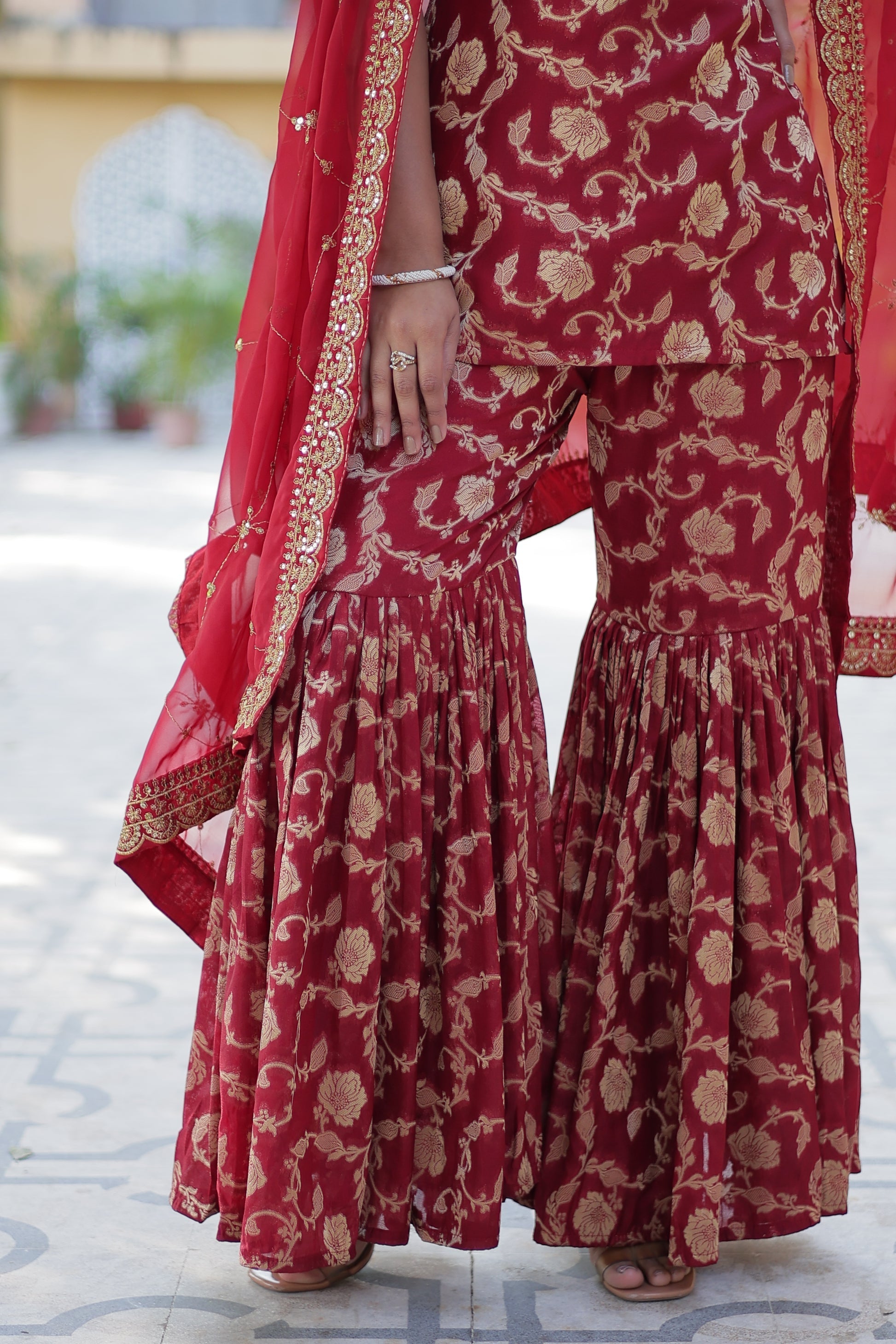 Maroon viscose georgette jacquard Triya designer gharara suit