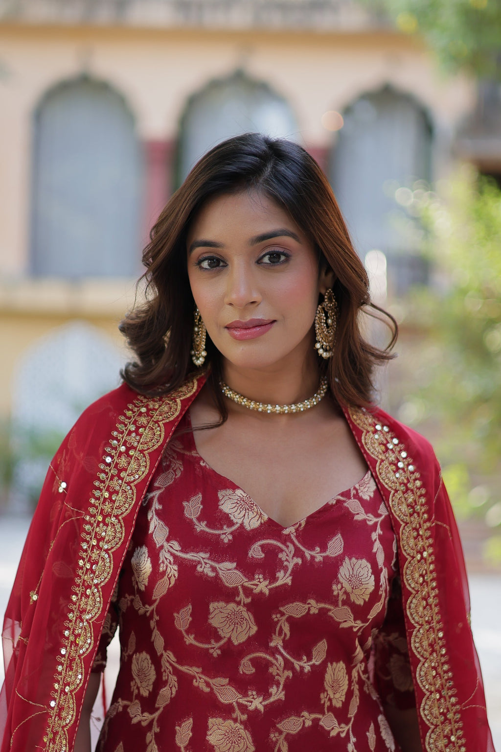 Maroon viscose georgette jacquard Triya designer gharara suit
