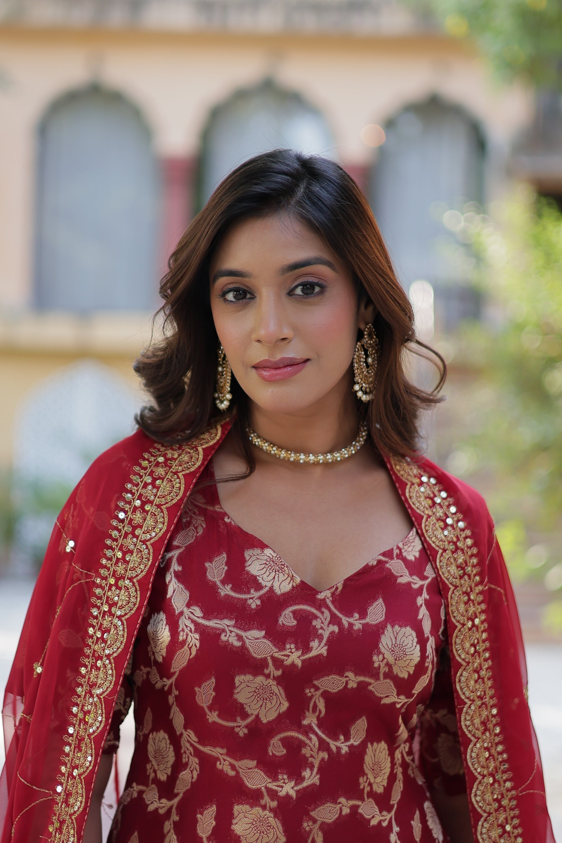 Maroon viscose georgette jacquard Triya designer gharara suit